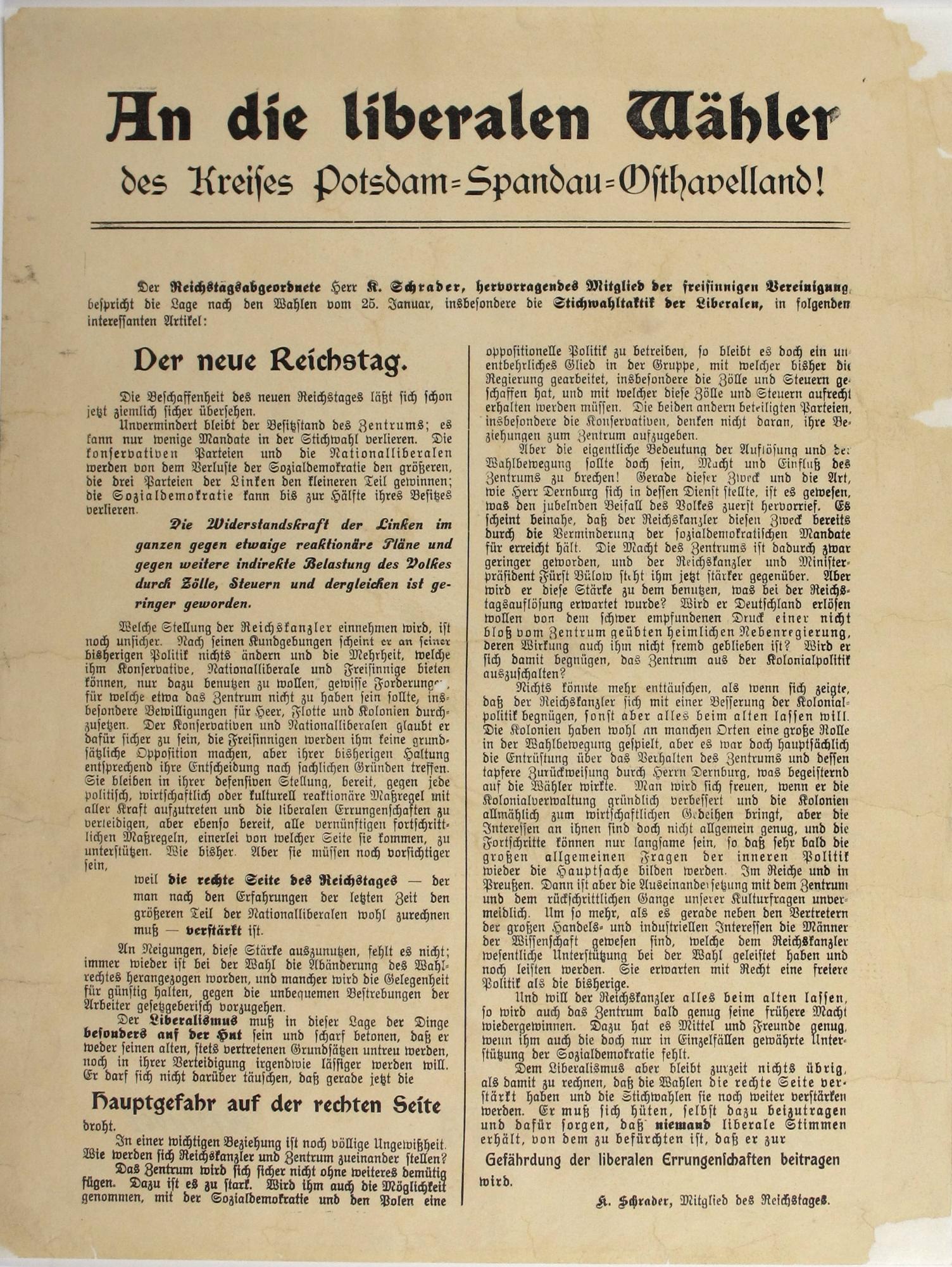 Flugblatt von Karl Schrader zur Reichstagswahl im Januar 1907