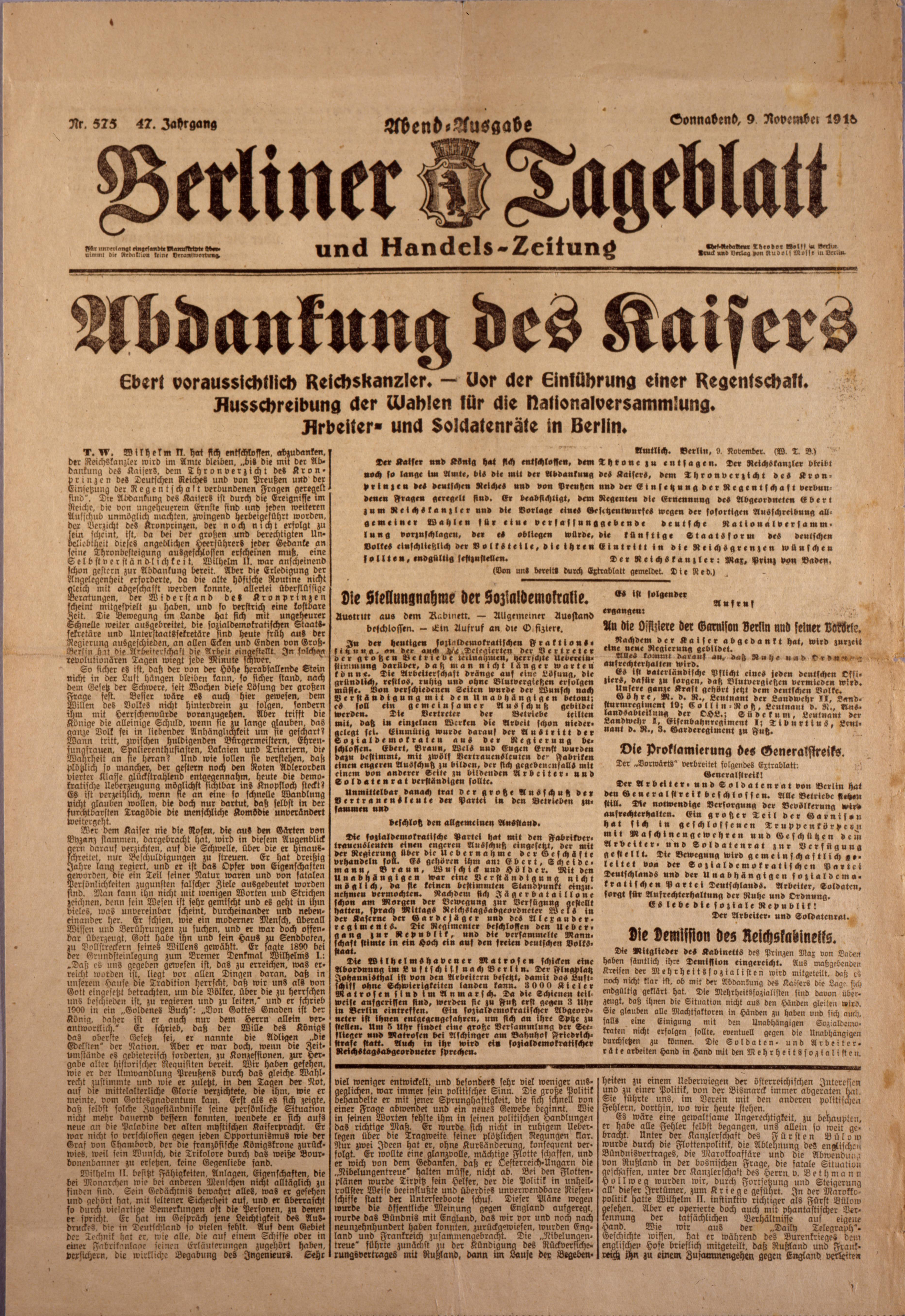 Zeitung: "Berliner Tageblatt" zur Abdankung von Kaiser Wilhelm II.