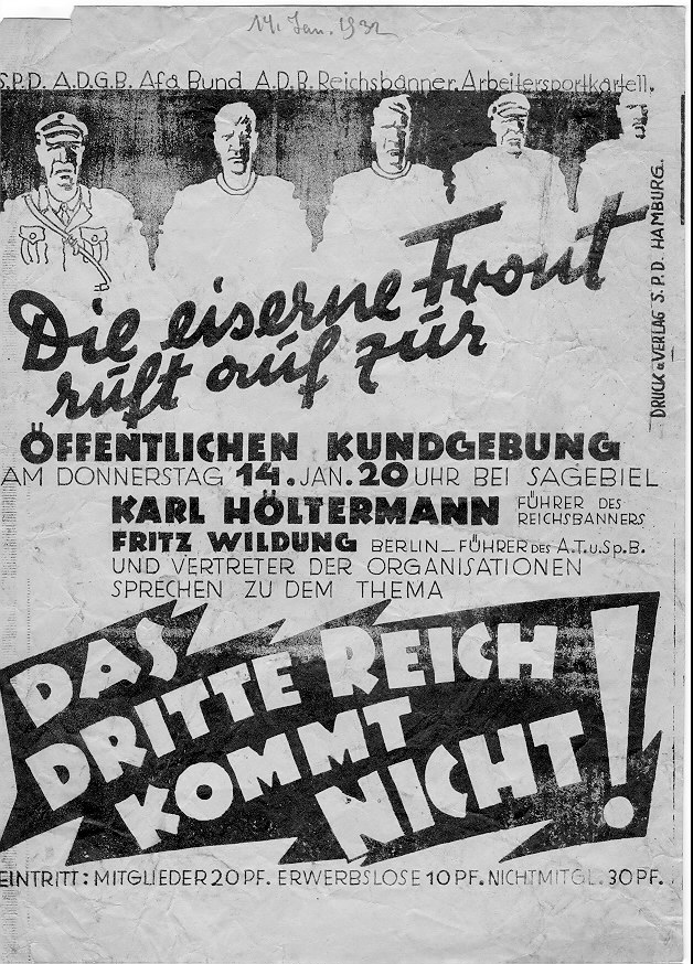 Illustriertes Flugblatt mit einem Kundgebungsaufruf der Eisernen Front, 1932