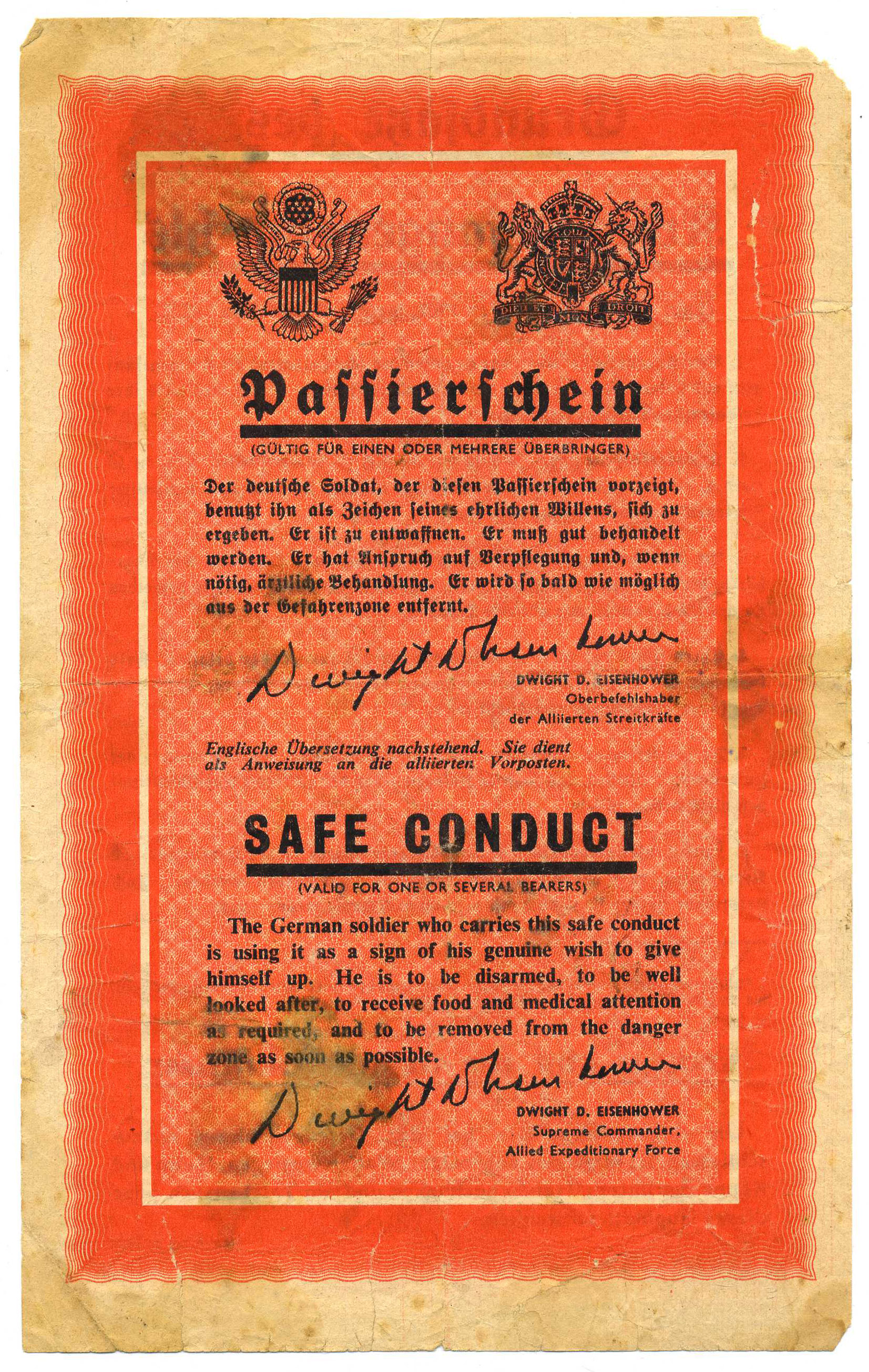 [Druckgut: „Safe-Conduct“-Passierschein der US-Armee für deutsche Soldaten, 1944]