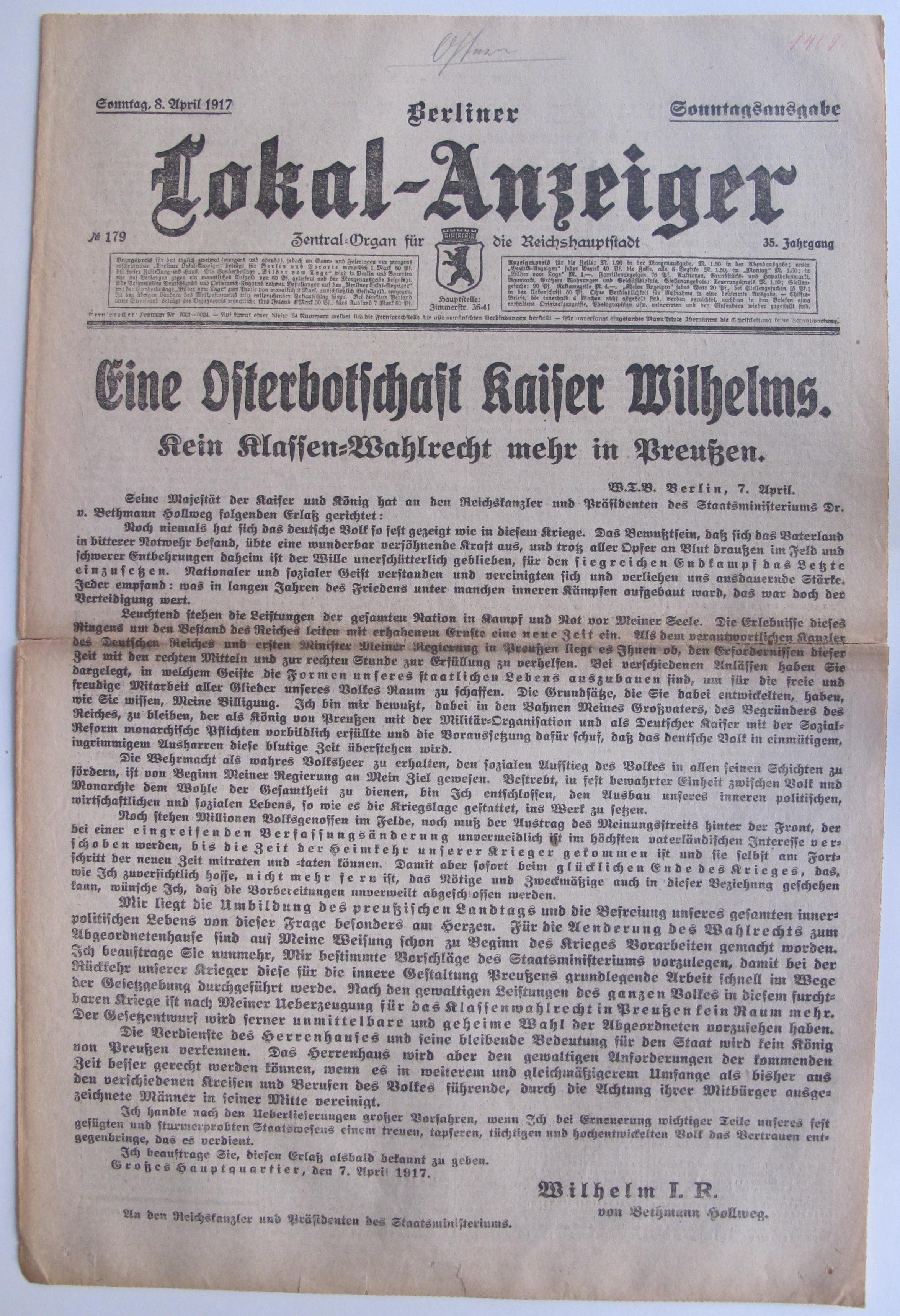 Tageszeitung "Berliner Lokal-Anzeiger" mit dem Wortlaut der Osterbotschaft von Kaiser Wilhelm II., 8. April 1917
