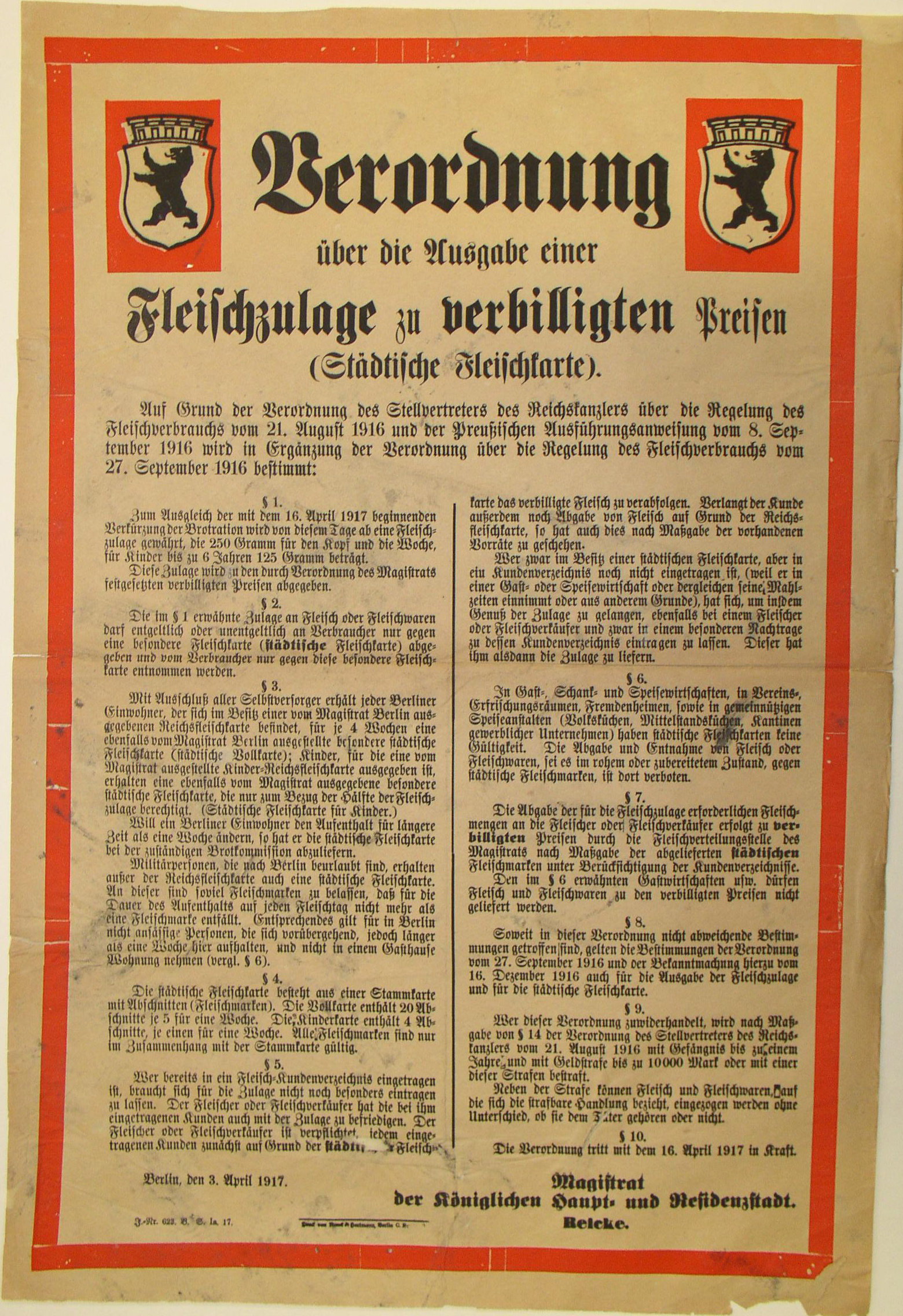 Maueranschlag: Verordnung über die Ausgabe einer Fleischzulage, 1917