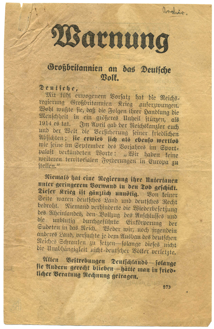 [Erstes Kriegsflugblatt der britischen Regierung / Department EH zum Überfall Deutschlands auf Polen und der Kriegserklärung Großbritanniens. Es wurde zuerst am 3. September und in den folgenden zehn Tagen über Deutschland abgeworfen]