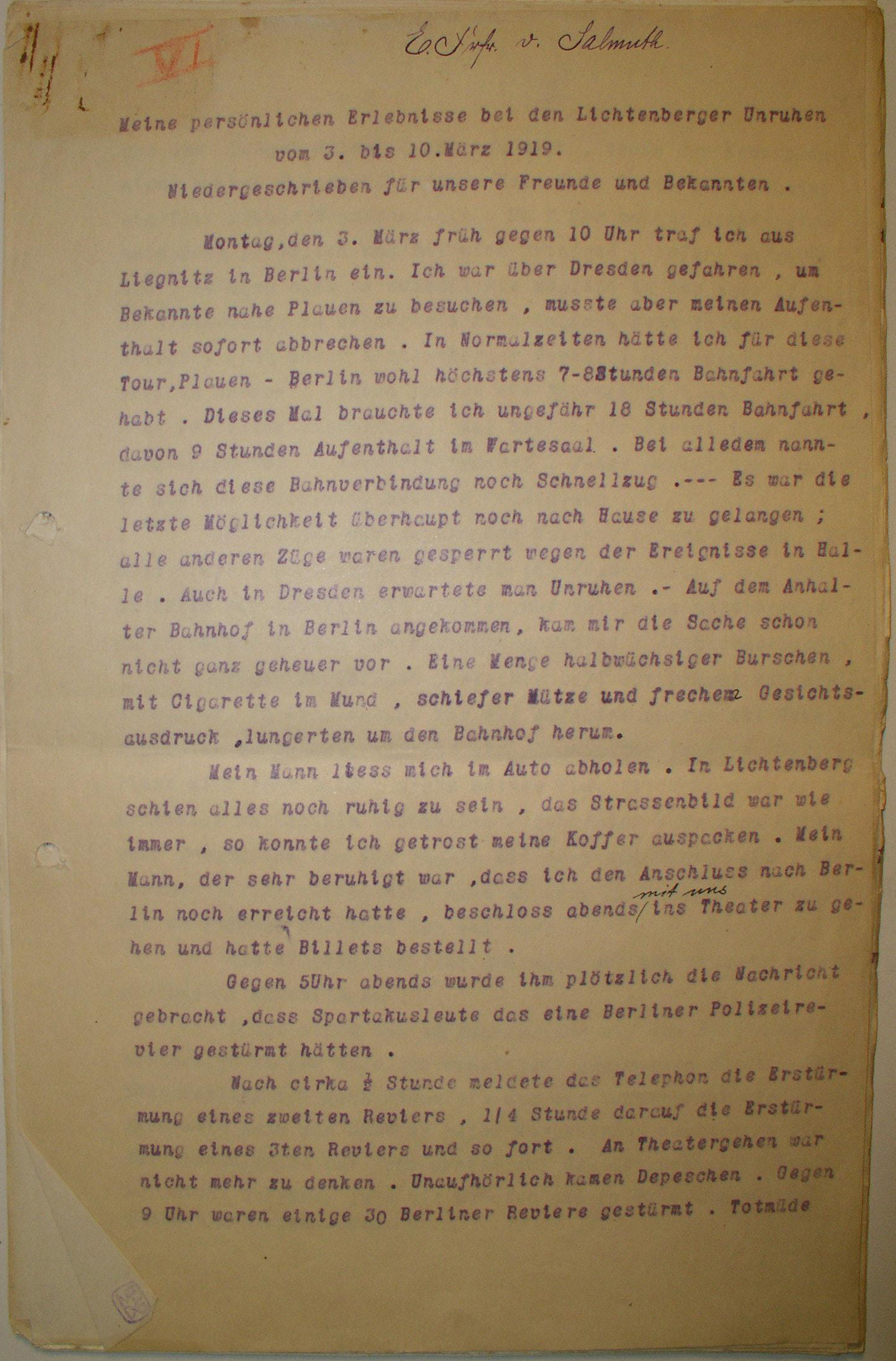 Dokument: Erlebnisbericht über die revolutionären Kämpfe in Berlin-Lichtenberg im März 1919