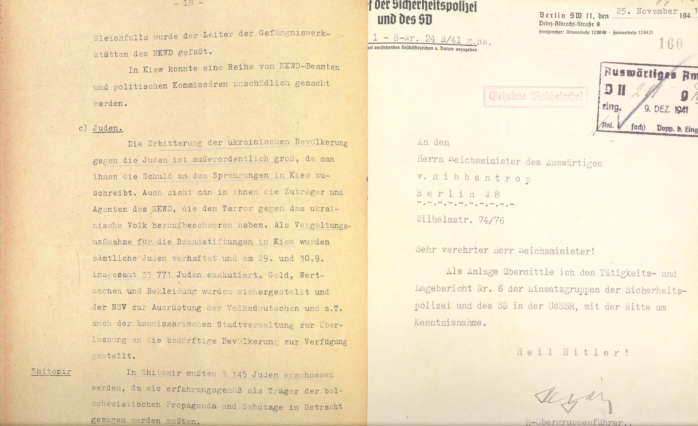 Brief von Reinhard Heydrich an Joachim von Ribbentrop mit Erwähnung des Massakers von Babi Jar, 1941