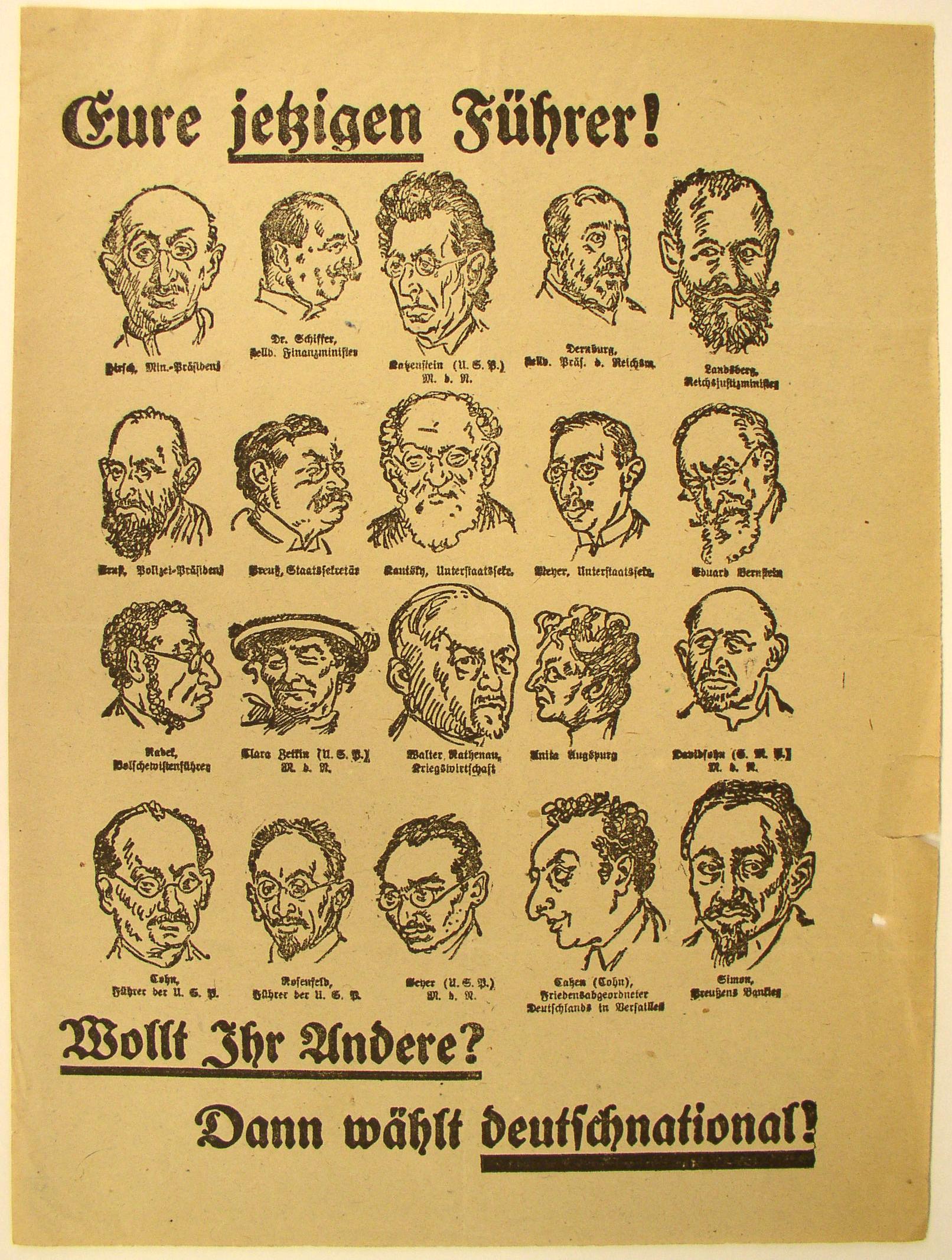 Antisemitischer Wahlaufruf der Deutschnationalen Volkspartei mit Karikaturporträts von Politiker, 1920