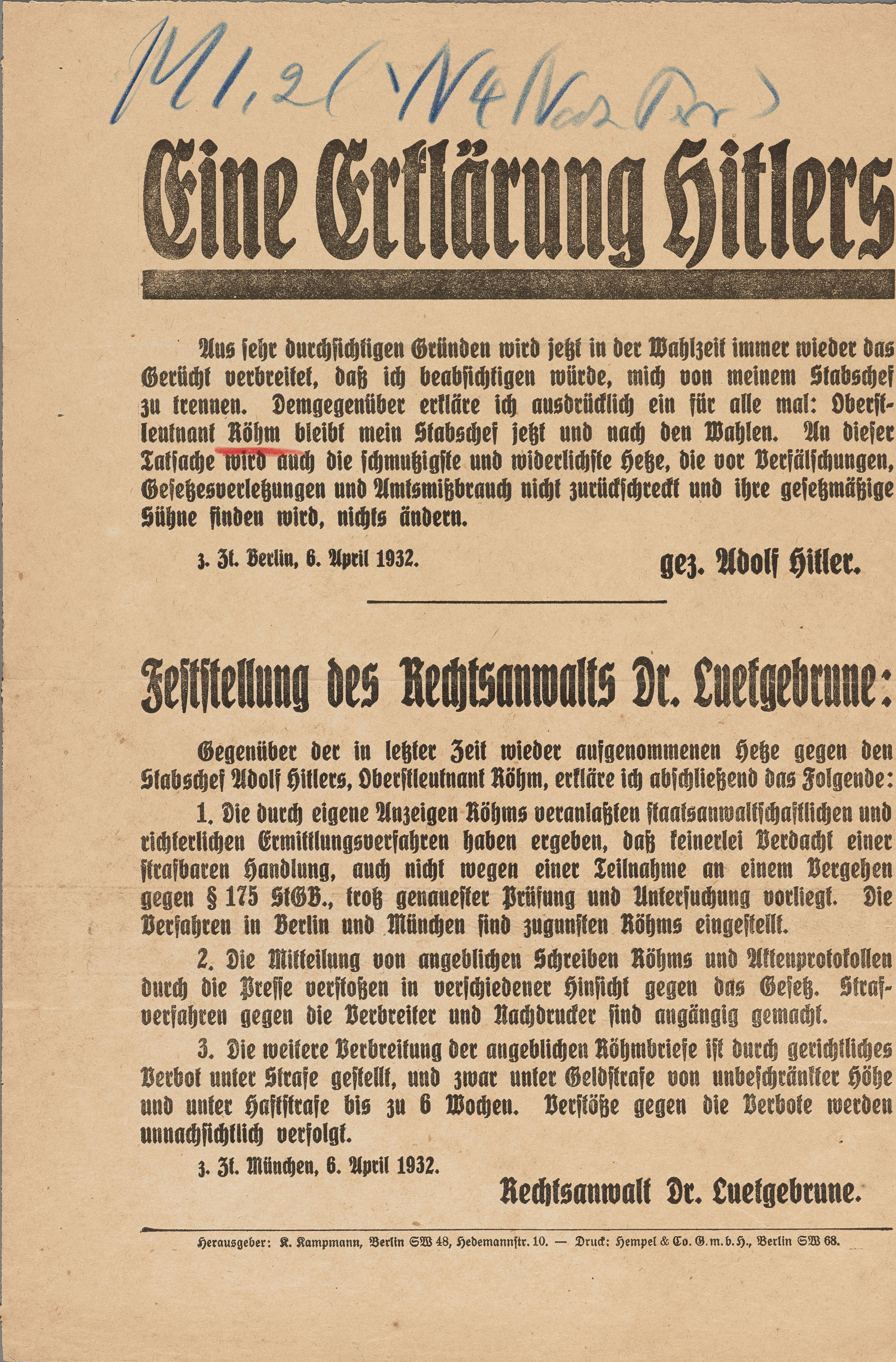 Flugblatt der Nationalsozialistischen Deutschen Arbeiterpartei (NSDAP), 1932