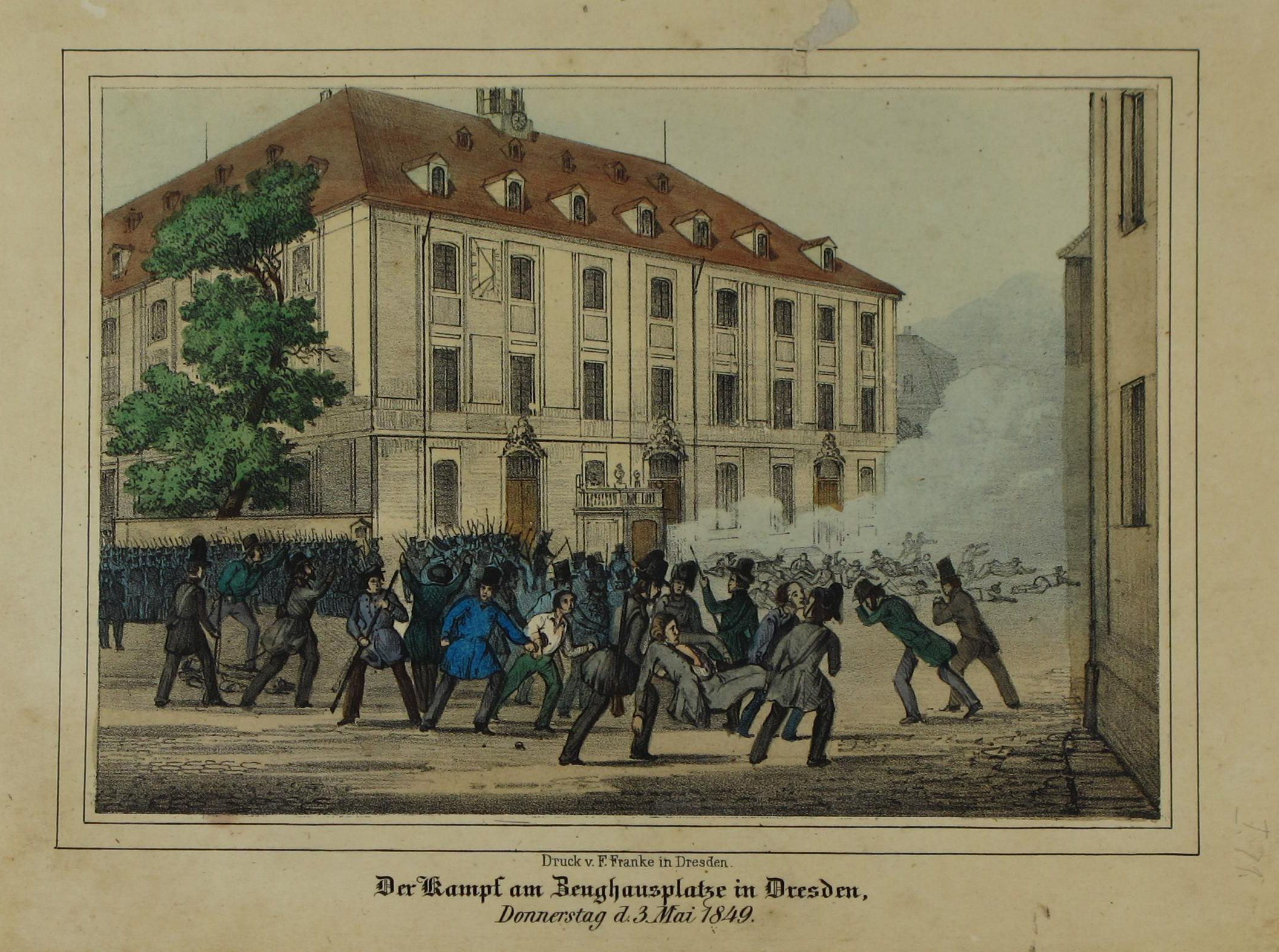 [Grafik: Der Kampf am Zeughausplatz in Dresden am 3. Mai 1849]
