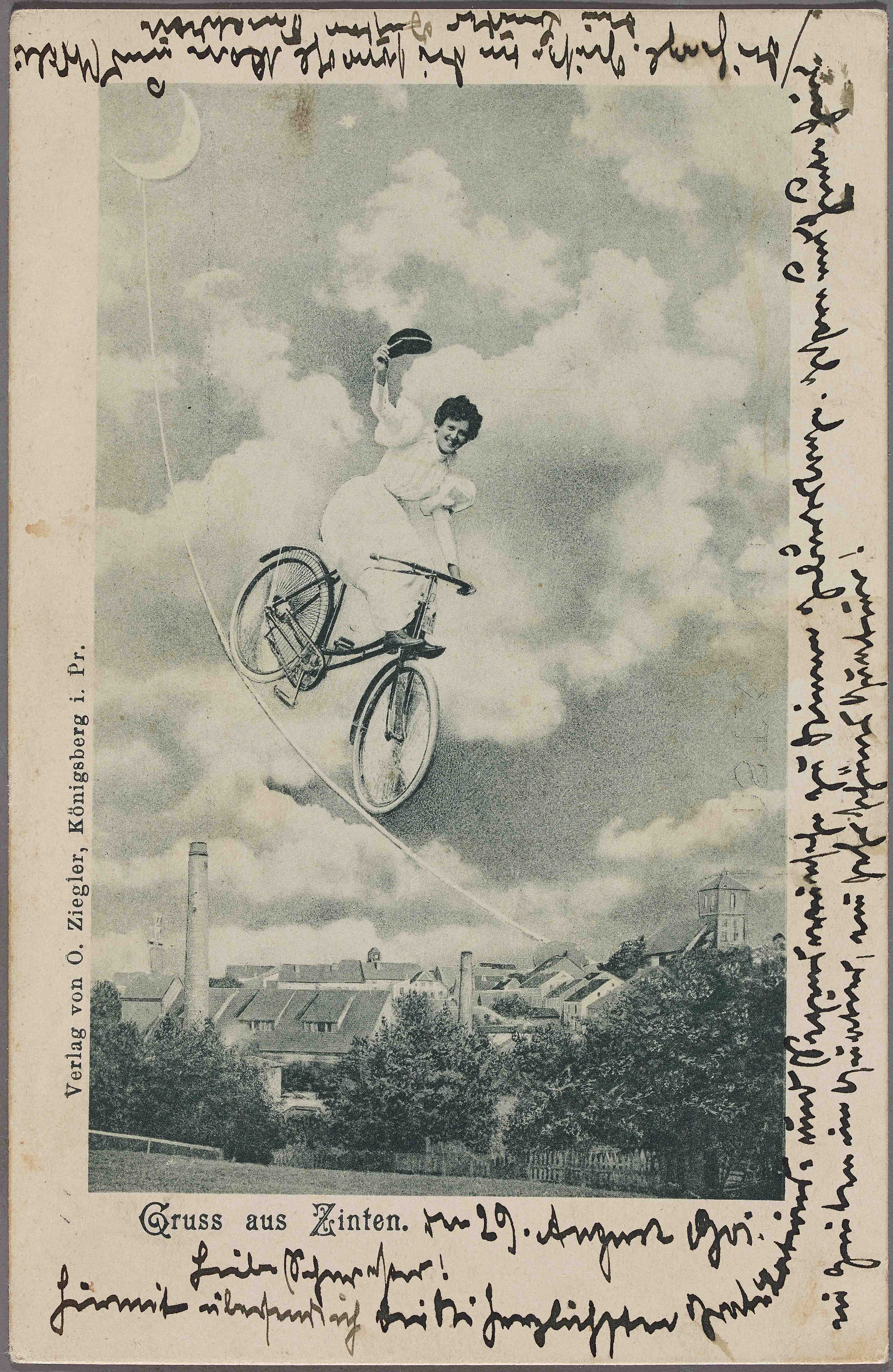 Postkarte mit radfahrender Frau, 1901