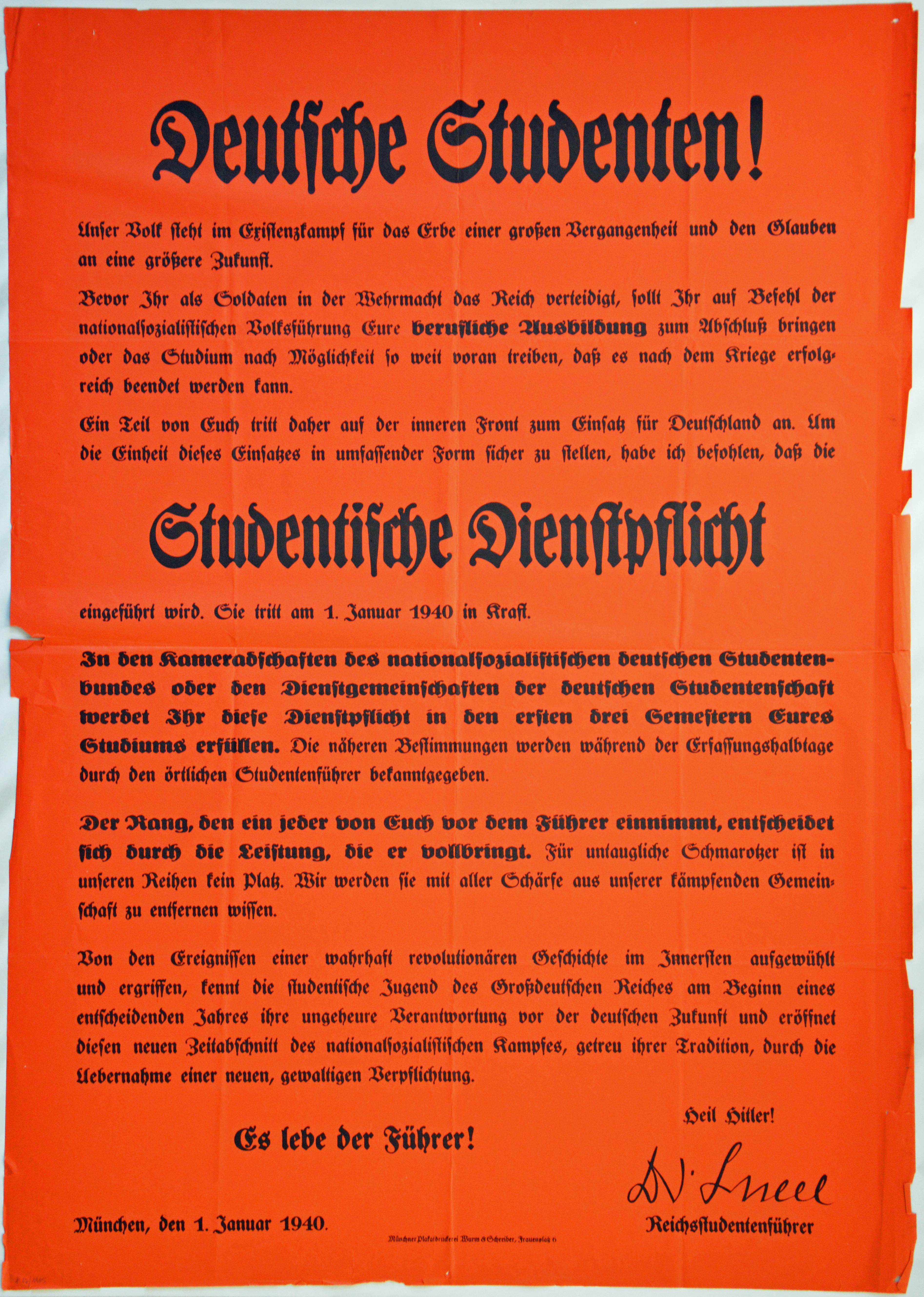 [Plakat mit der Information, dass die "Studentische Dienstpflicht" eingeführt wird, 1940]