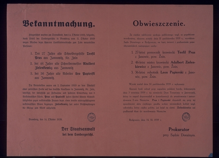 Bekanntmachung des Sondergerichts in Bromberg vom Oktober 1939