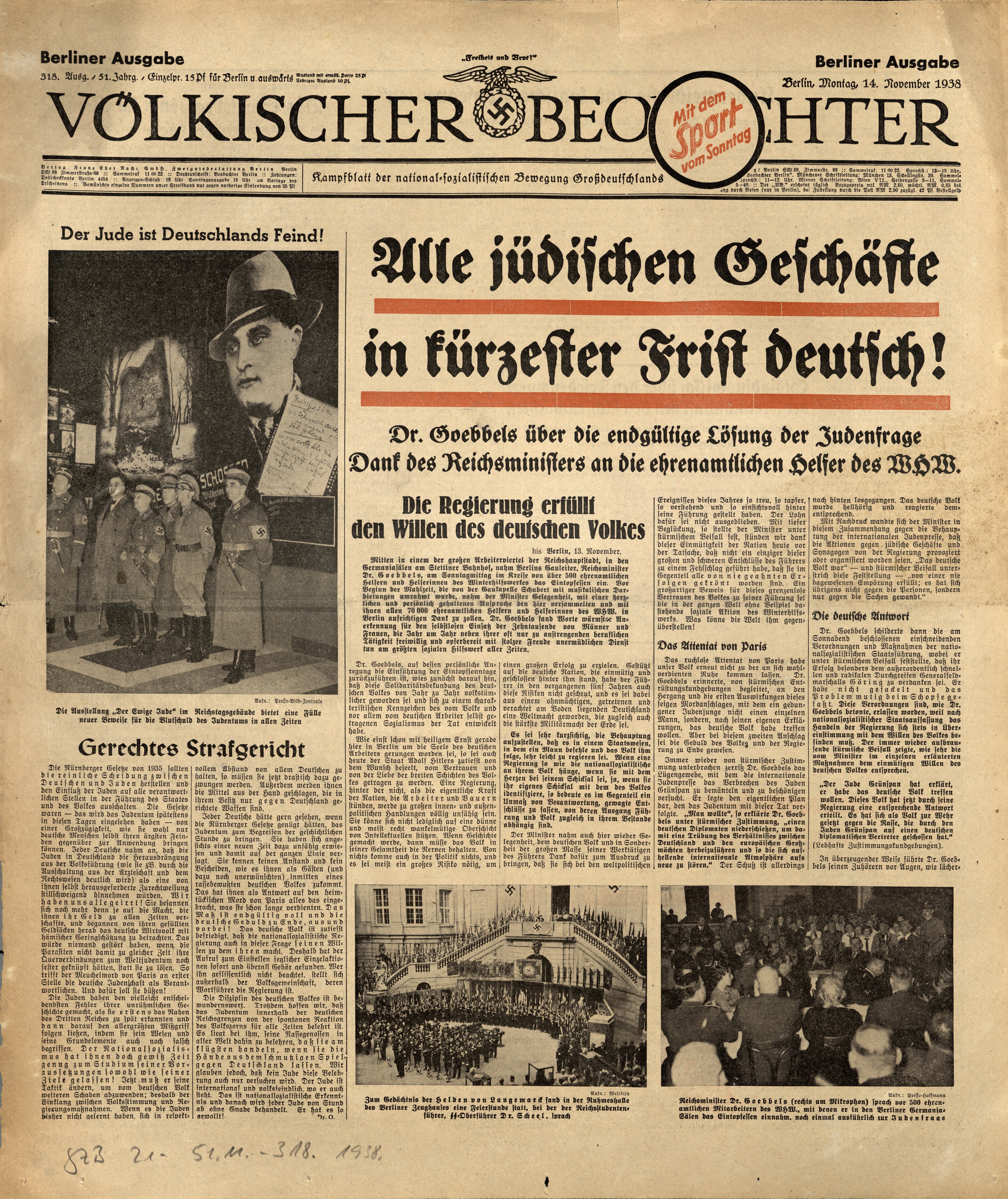 Zeitung: "Völkischer Beobachter" vom 14. November 1938