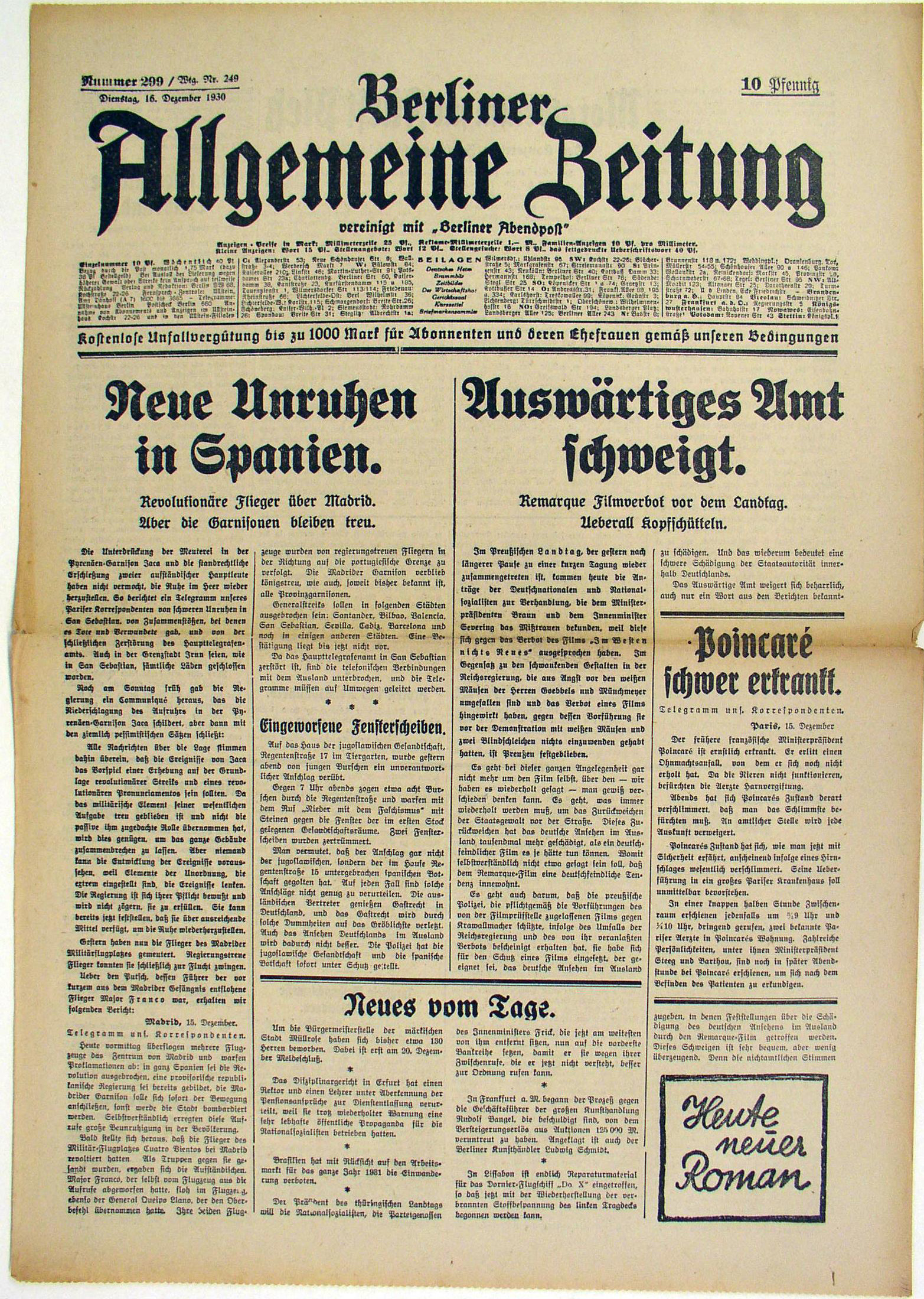 [Druckgut: "Berliner Allgemeine Zeitung" zum Verbot des Spielfilms "Im Westen nichts Neues", 1930]