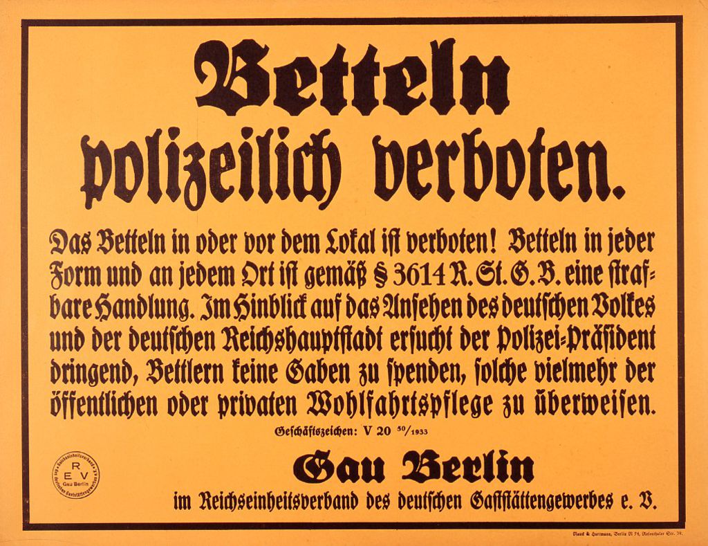 Schild: "Betteln polizeilich verboten", nach 1933