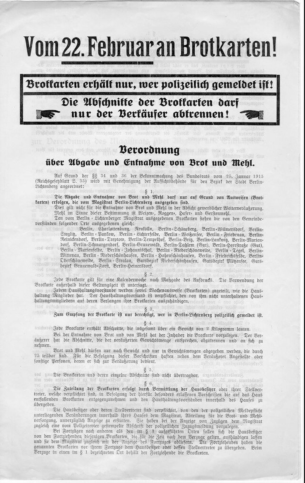 Flugschrift: Einführung von Brotmarken, 1915
