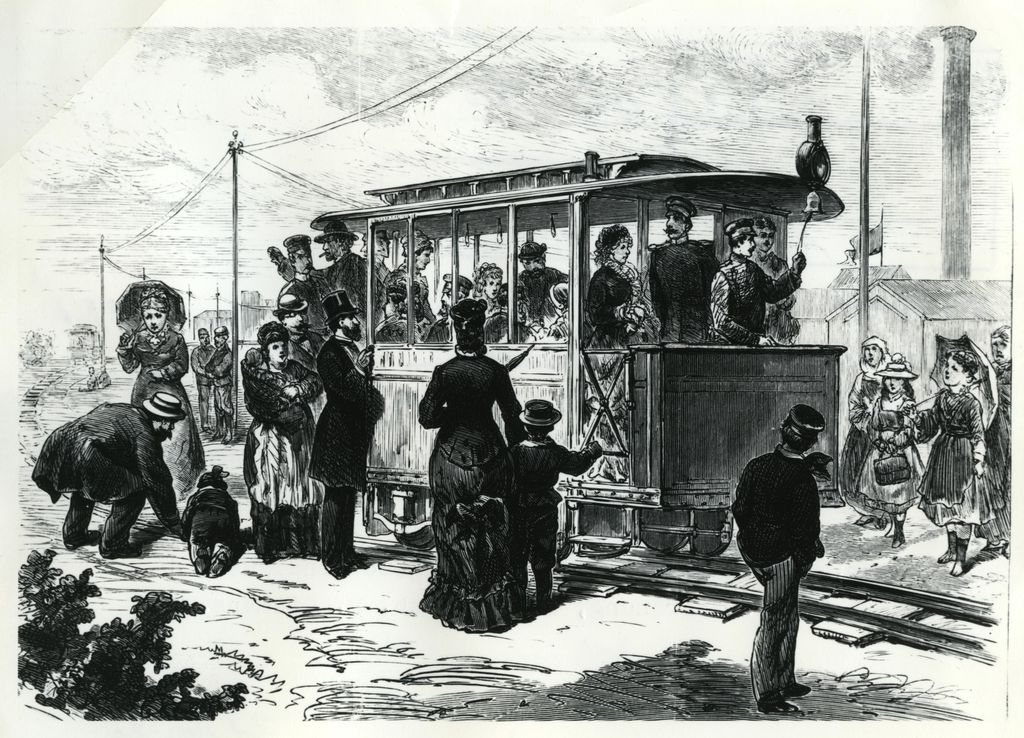 Grafik: Illustrirte Zeitung zur ersten elektrischen Straßenbahn, 1881