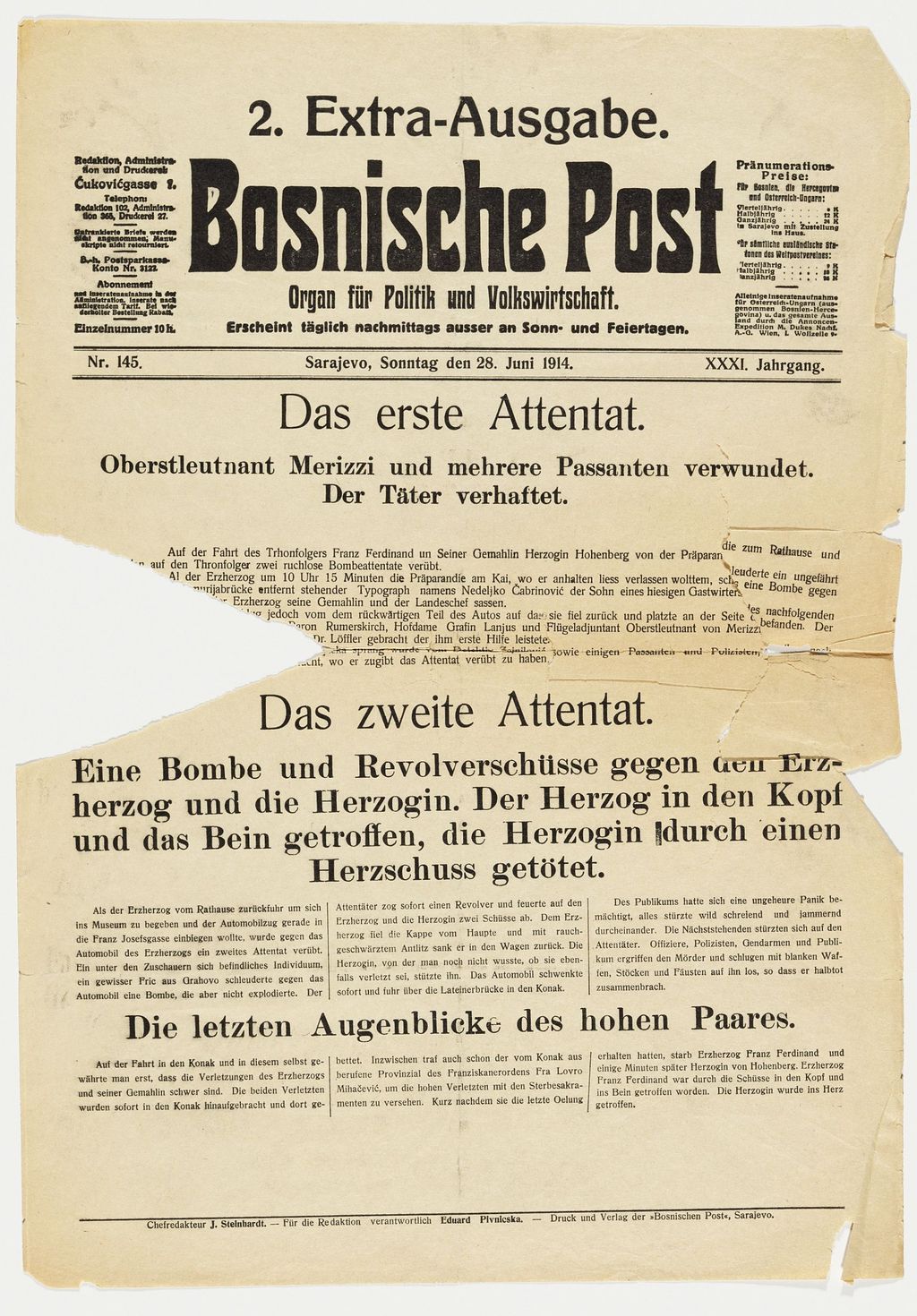 Zeitung: Bosnische Post zum Attentat in Sarajewo, 1914