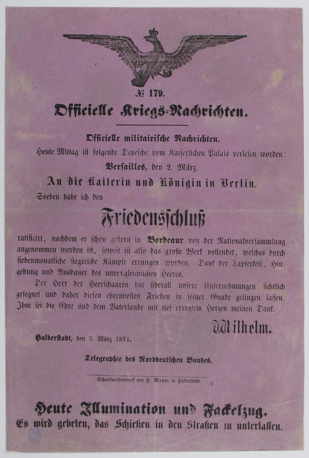 Druckgut: Verkündung des ratifizierten Friedensschlusses mit Frankreich, 1871