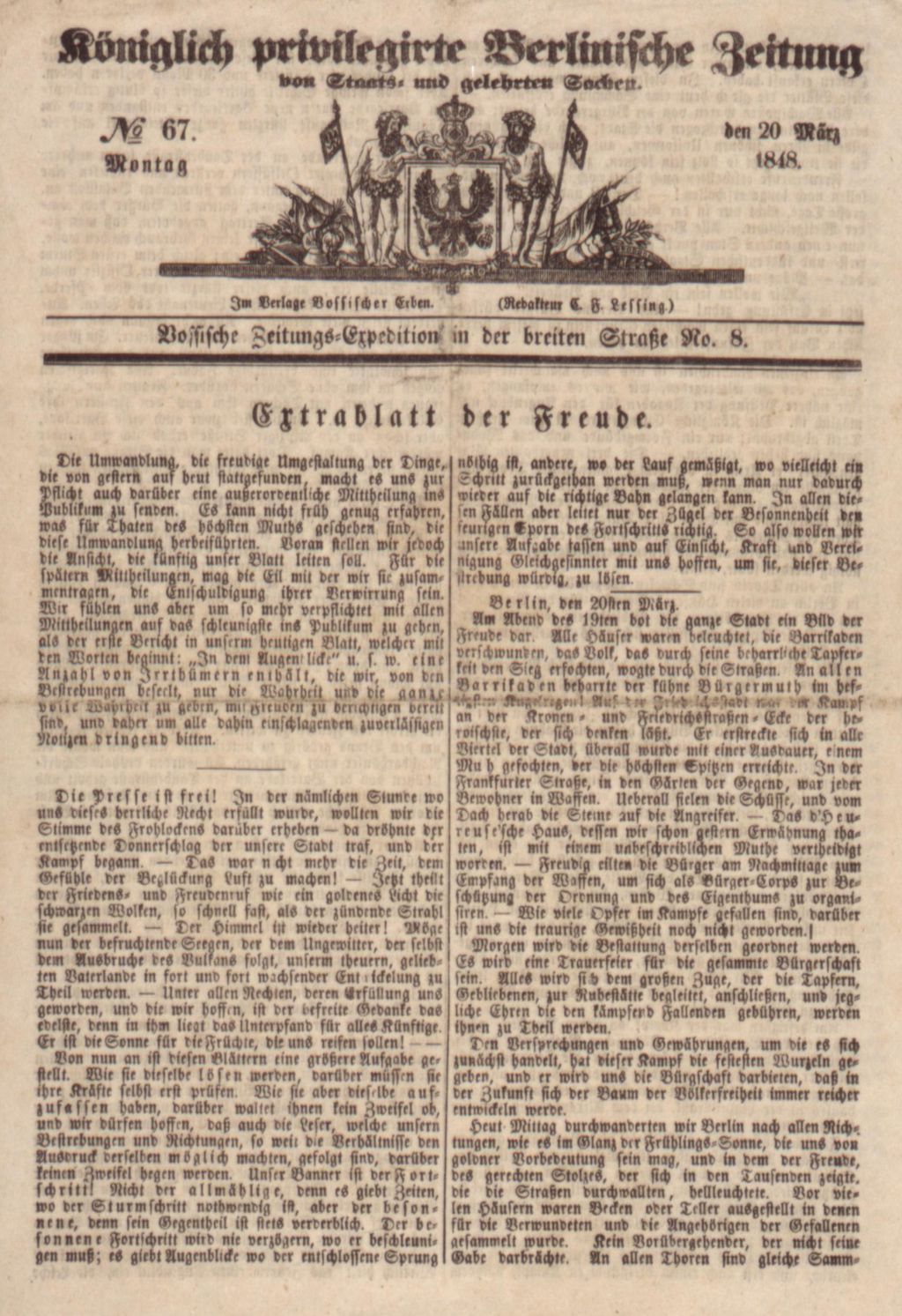 Zeitung: "Extrablatt der Freude", 20.3.1848