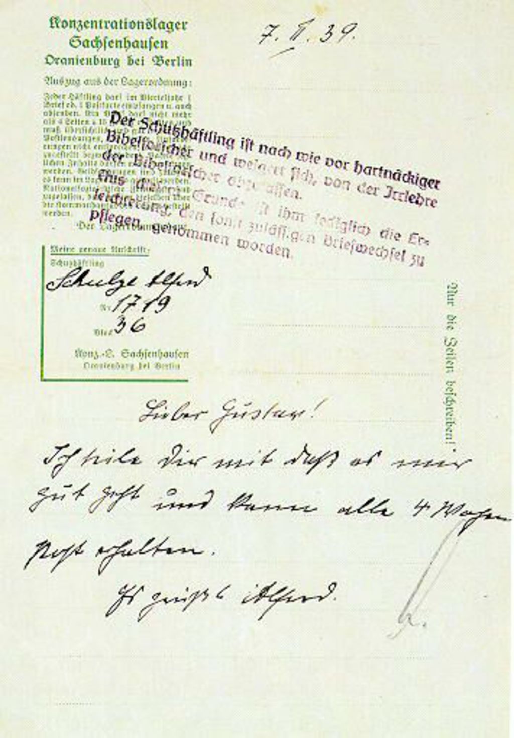 [Brief von Alfred Schulze an Gustav Komnick aus dem KZ Sachsenhausen]