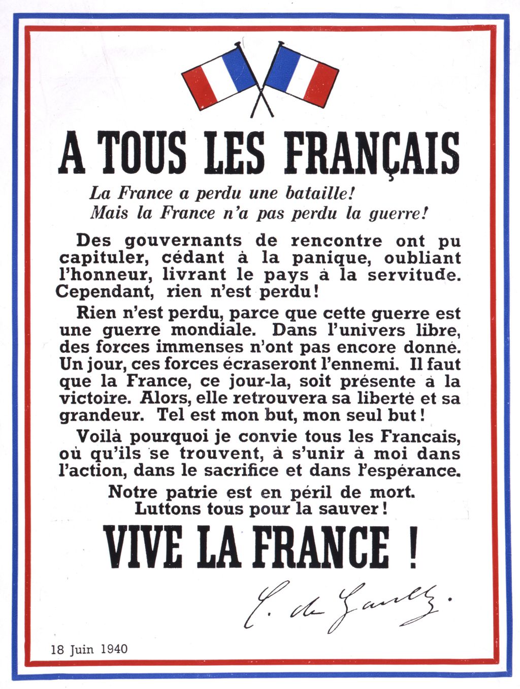Exponat: Plakat: Aufruf de Gaulles, 1940