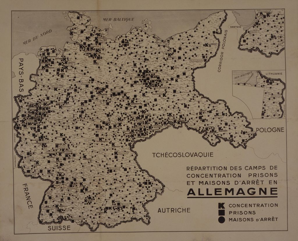 Deutschlandkarte (französisch) mit Standorten von Gefängnissen, KZs und Arbeitslagern, um 1934