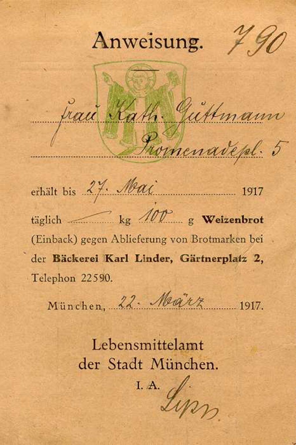 Druckschrift:"Anweisung zum Erhalt von Weizenbrot gegen Brotmarken", 1917