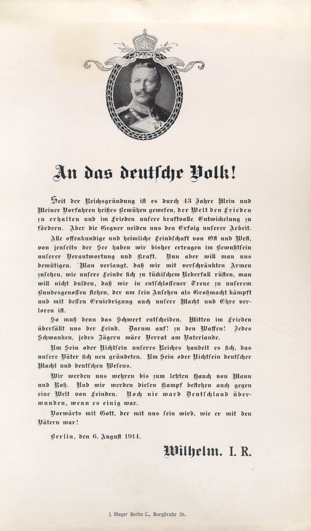 Dokument: Schmuckblatt mit der Rede Wilhelms II. zum Kriegsbeginn, 1914