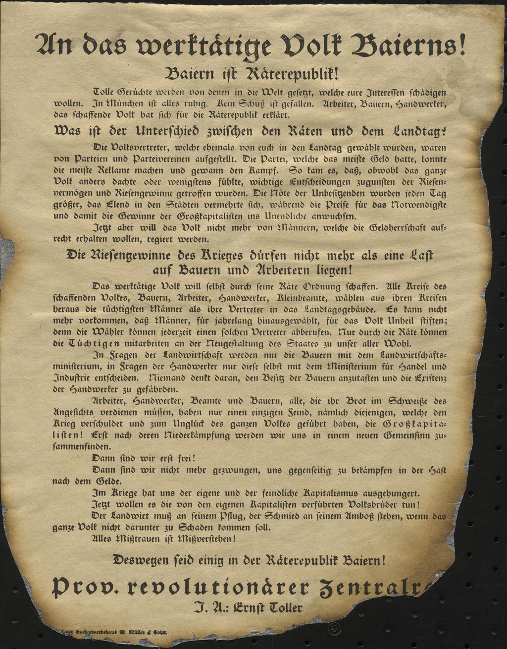 Exponat: Flugblatt: Toller, Ernst "An das werktätige Volk Baierns!", 1919