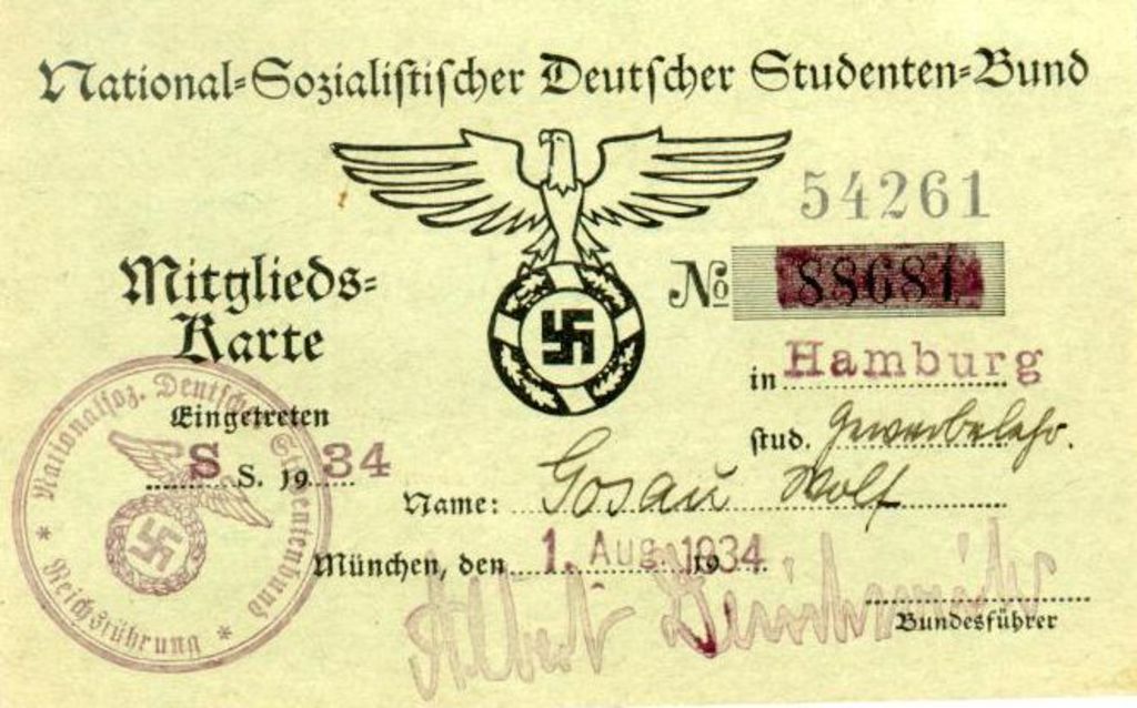 Exponat: Dokument: Mitgliedskarte des National-Sozialistischen Deutschen Studentenbunds, 1934