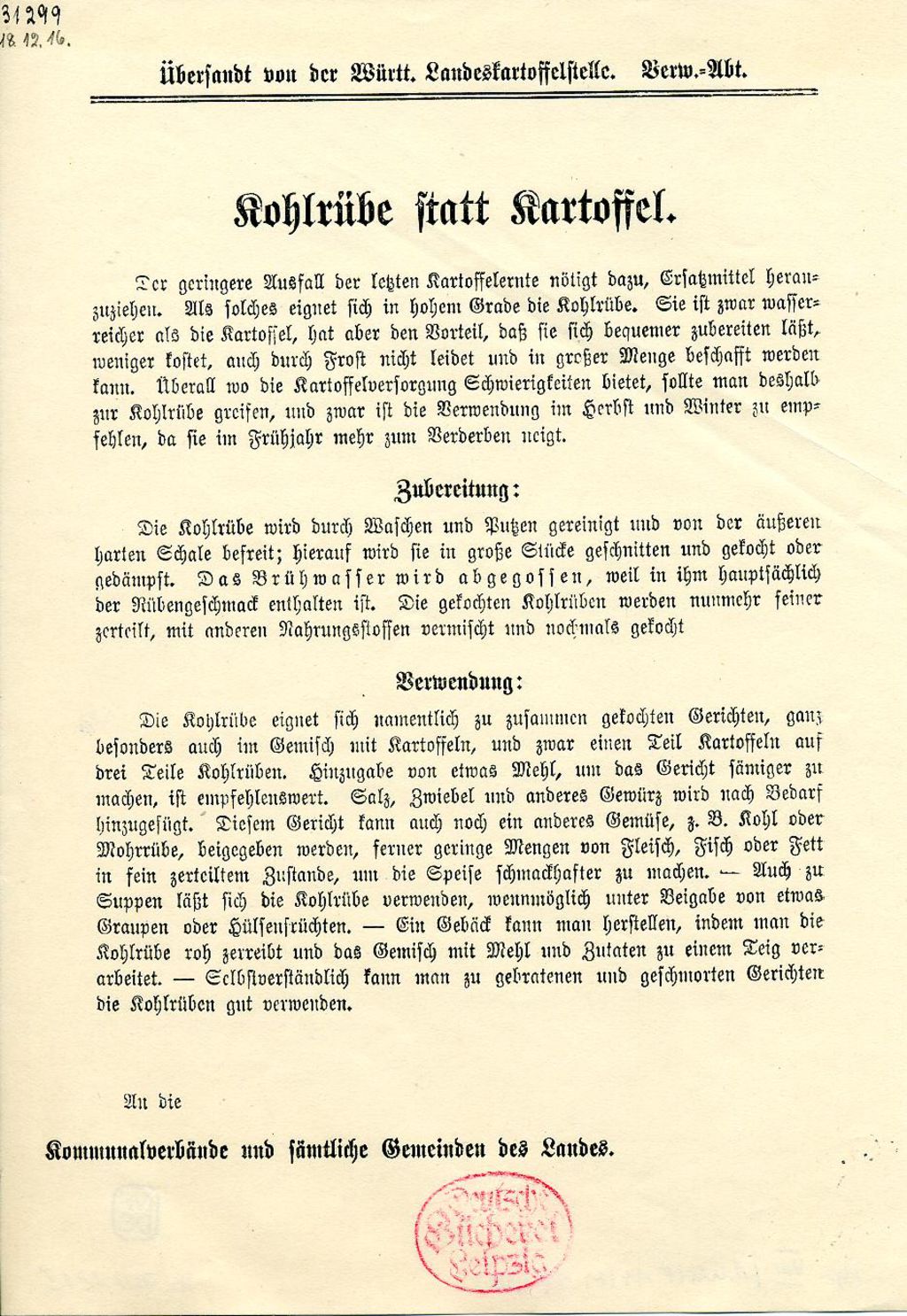 Flugblatt der Landeskartoffelstelle zum Kohlrübengebrauch, 1916