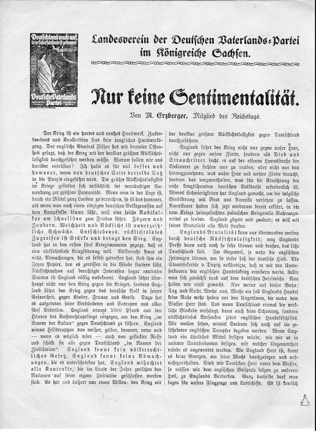 Flugblatt: Artikel von Matthias Erzberger zur Seeblockade, 1915 (Nachdruck 1917)