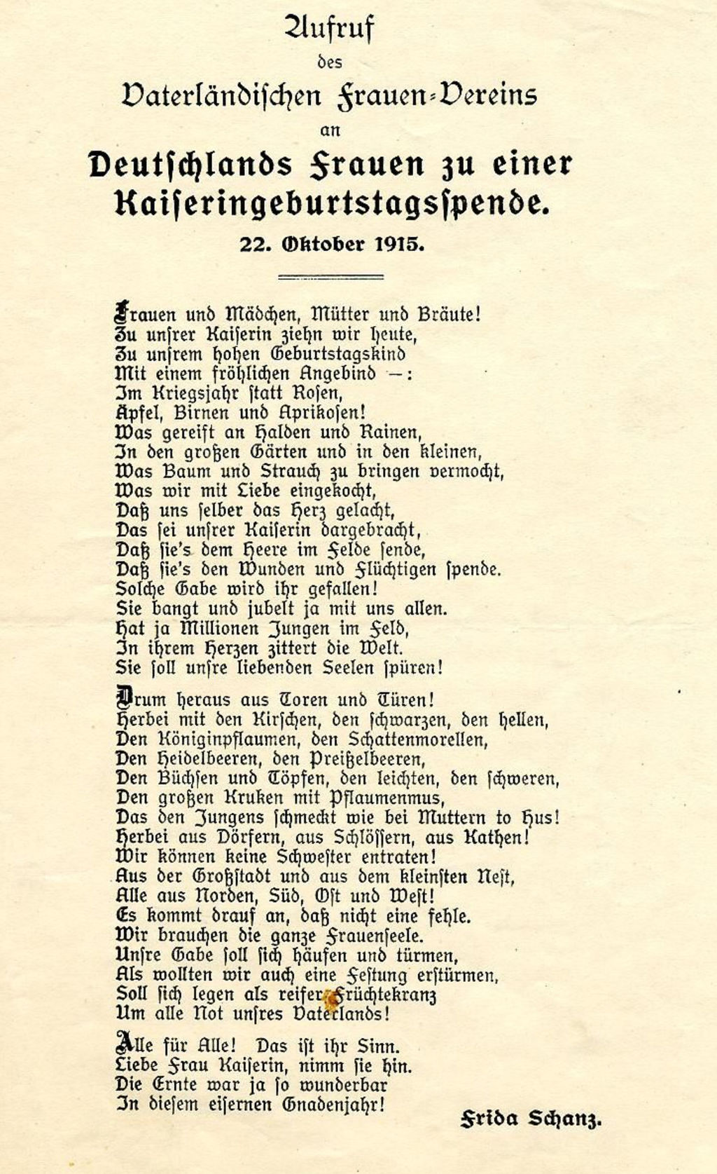 Exponat: Flugblatt: Vaterländischer Frauenverein, 1915