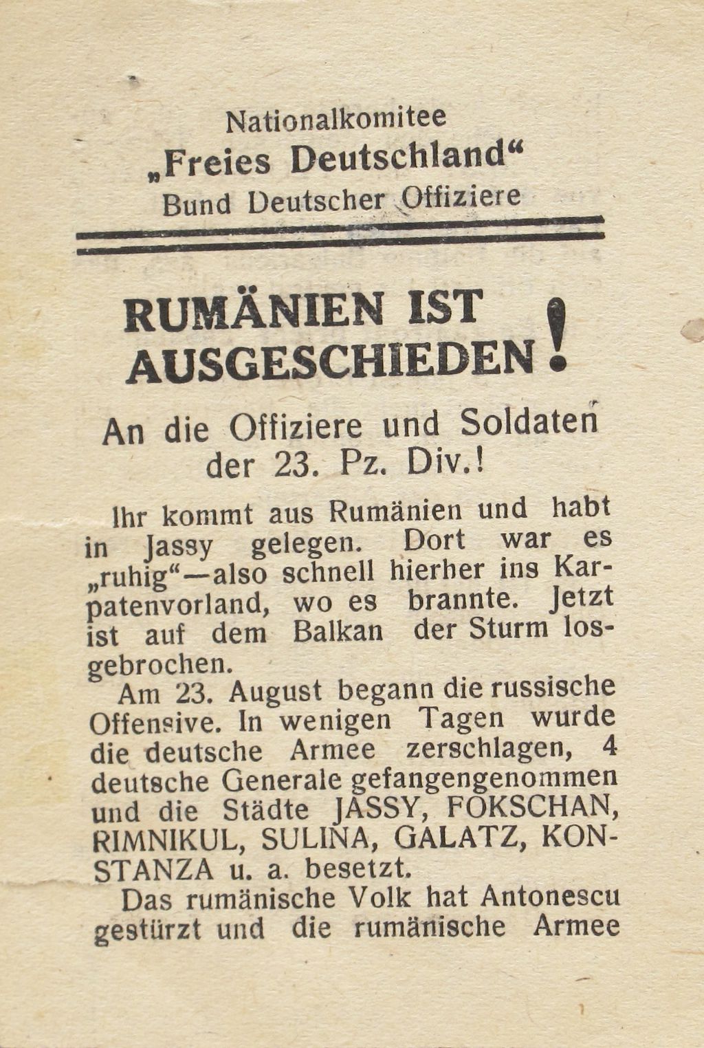 Exponat: Flugblatt: Rumänien ist ausgeschieden, 1944