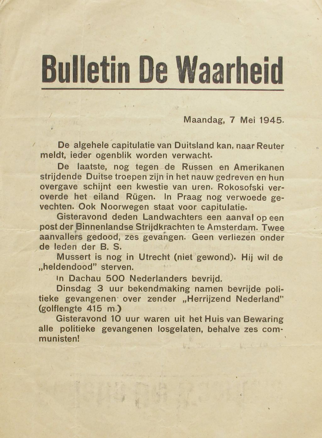 Exponat: Flugschrift: Bekanntgabe Kapitulation, 1945