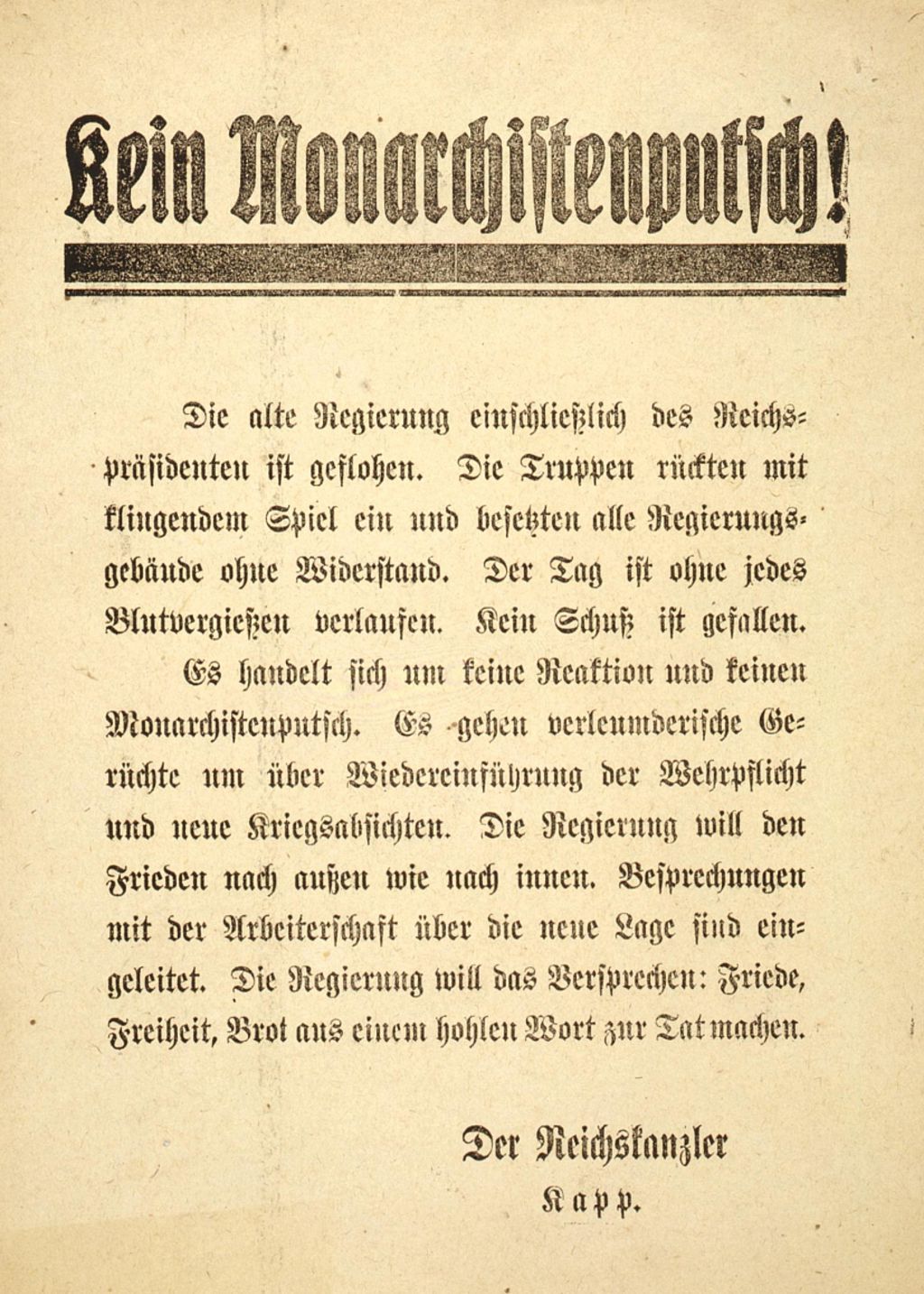 Flugblatt der Kapp-Lüttwitz-Regierung, 1920
