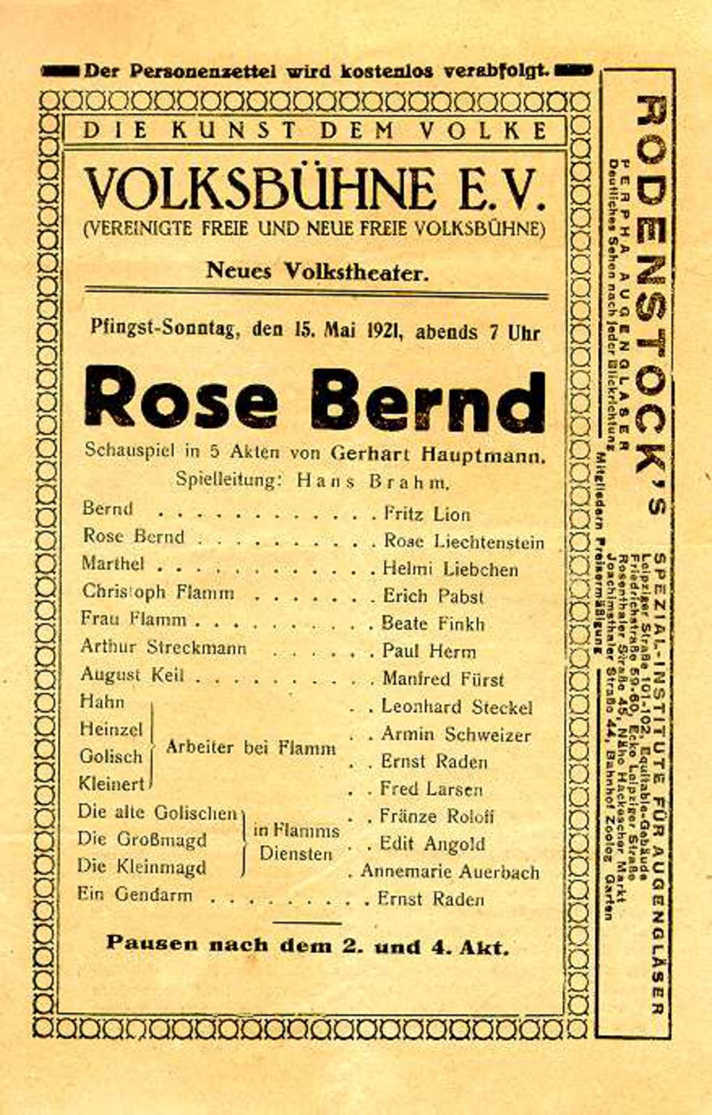 Exponat: Druckschrift: Programmzettel der Berliner Volksbühne, 1921