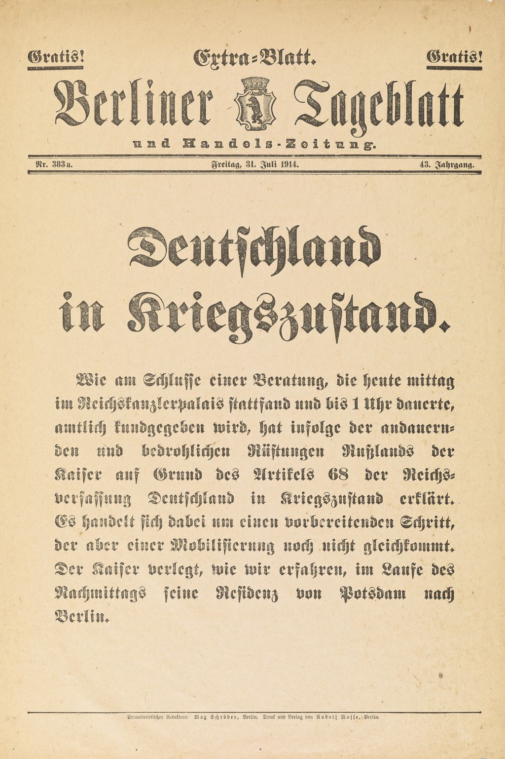 Exponat: Zeitung: "Deutschland in Kriegszustand" Berliner Tageblatt, 1914
