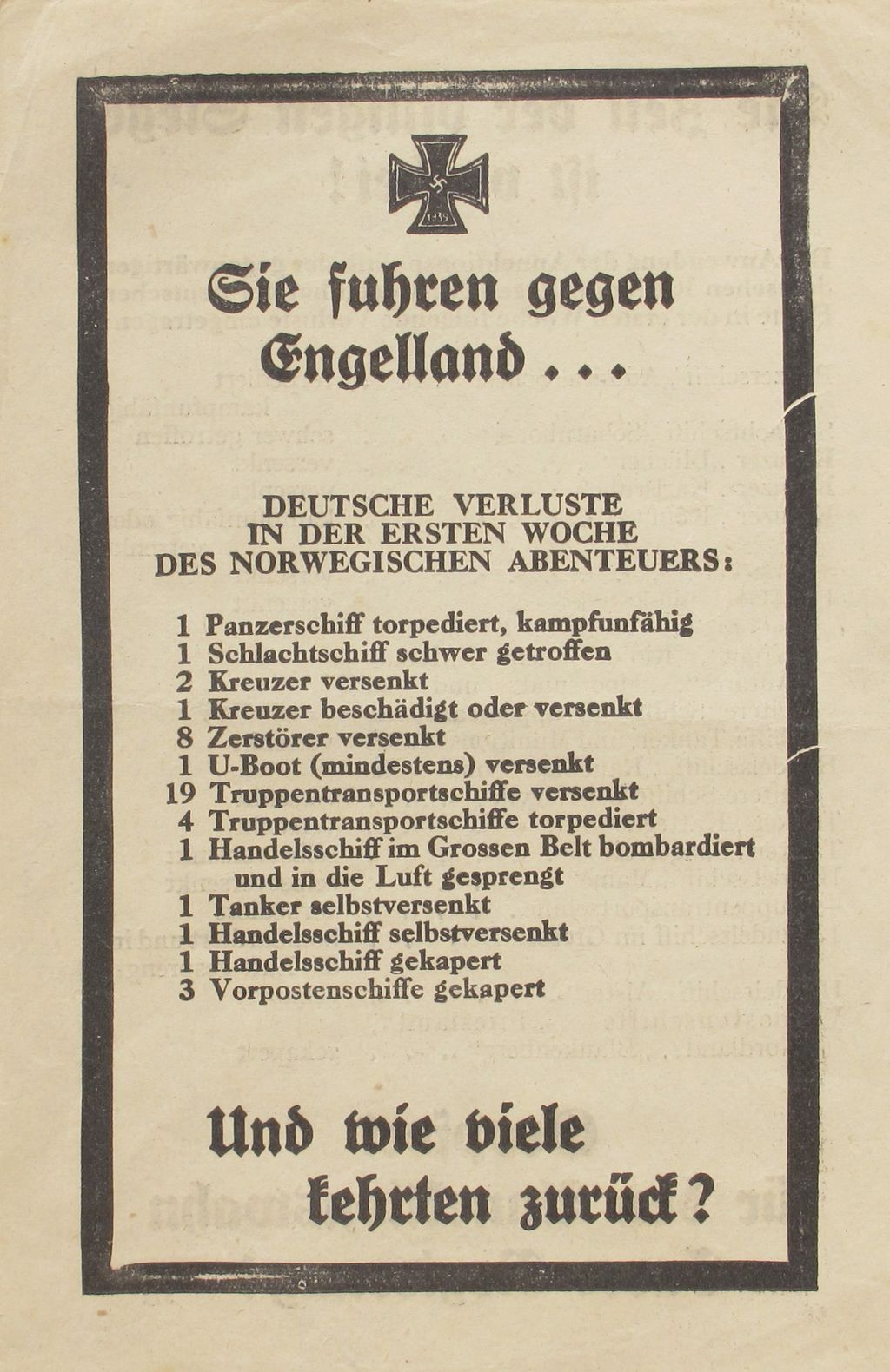 Exponat: Flugblatt: Deutsche Verluste in Norwegen, 1941