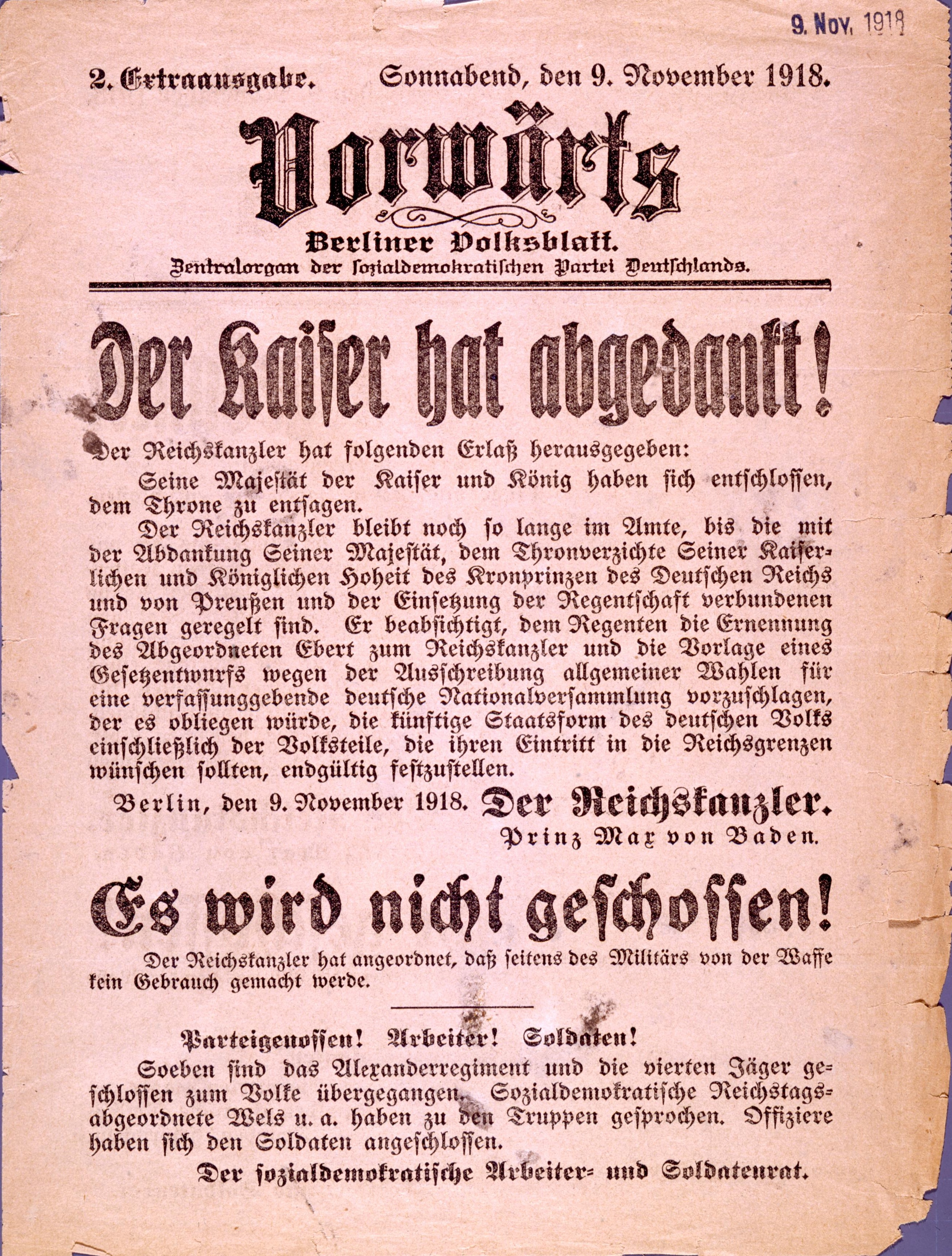 [Druckgut: "Der Kaiser hat abgedankt", 1918]