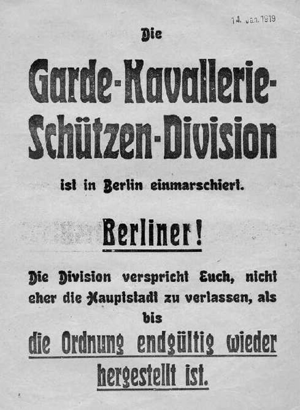 Exponat: Flugblatt: Einmarsch der Garde-Kavallerie-Schützen-Division in Berlin, 1919