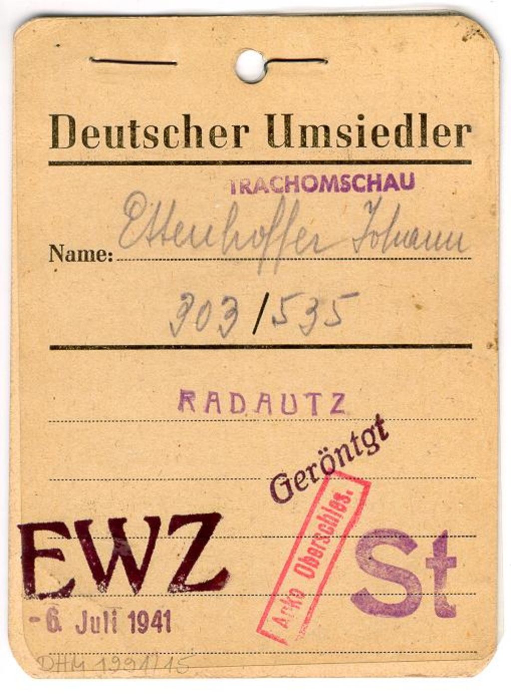 Exponat: Kennkarte für den "Deutschen Umsiedler" Johann Ettenhofer, 1941