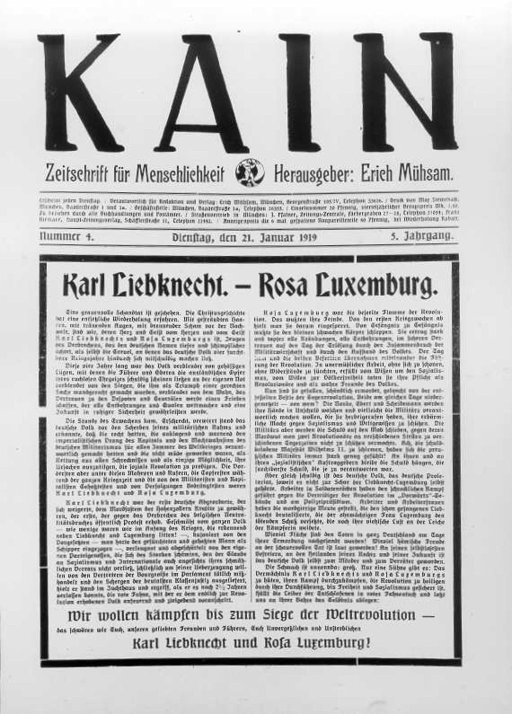 Zeitschrift: Kain, Zeitschrift für Menschlichkeit "Karl Liebknecht. - Rosa Luxemburg.", 1919