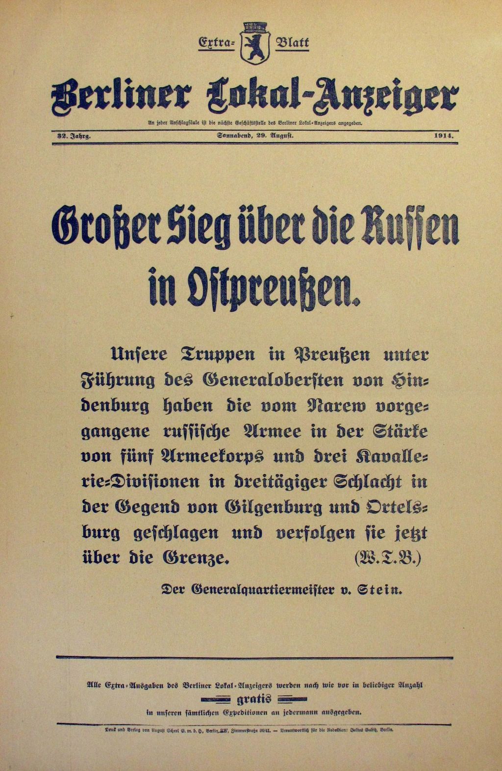 Exponat: Zeitung: "Großer Sieg über die Russen in Ostpreußen" Berliner Lokal-Anzeiger, 1914