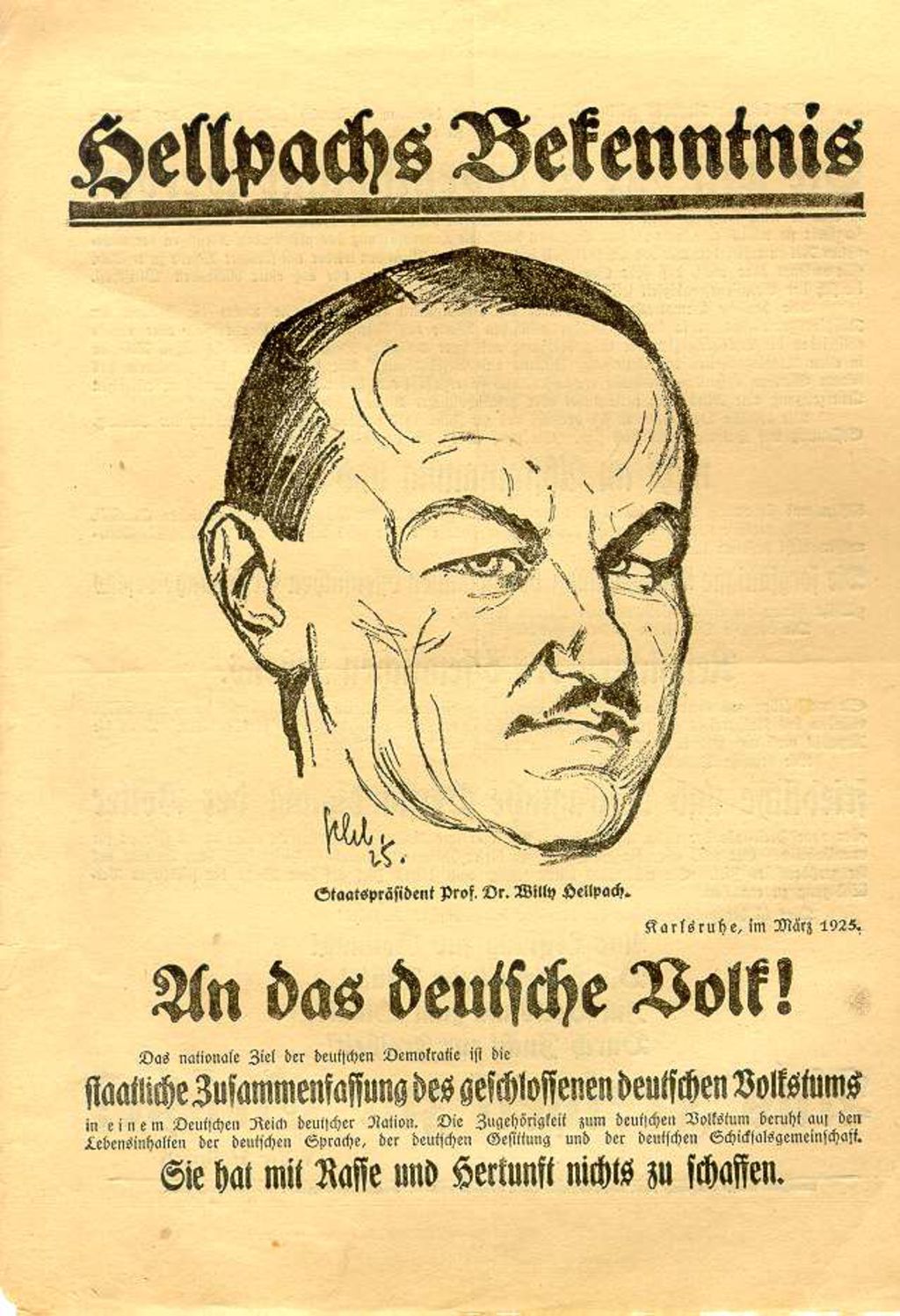 Flugblatt: Hellpach, Willy "An das deutsche Volk!", 1925