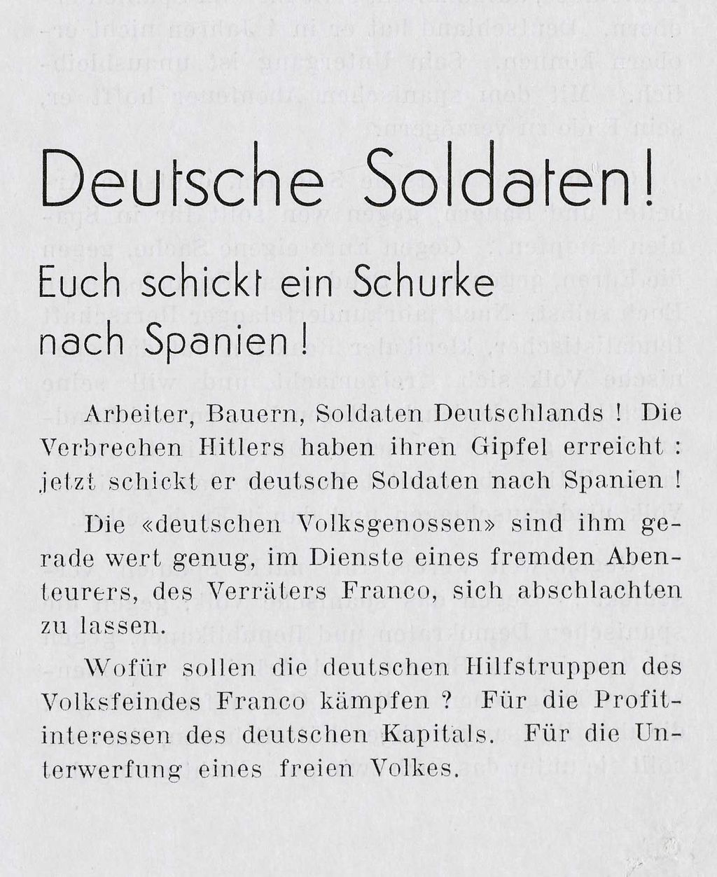 Flugblatt: Flugschrift mit einem Text von Heinrich Mann gegen den Einsatz deutscher Soldaten im Spanischen Bürgerkrieg, 1936