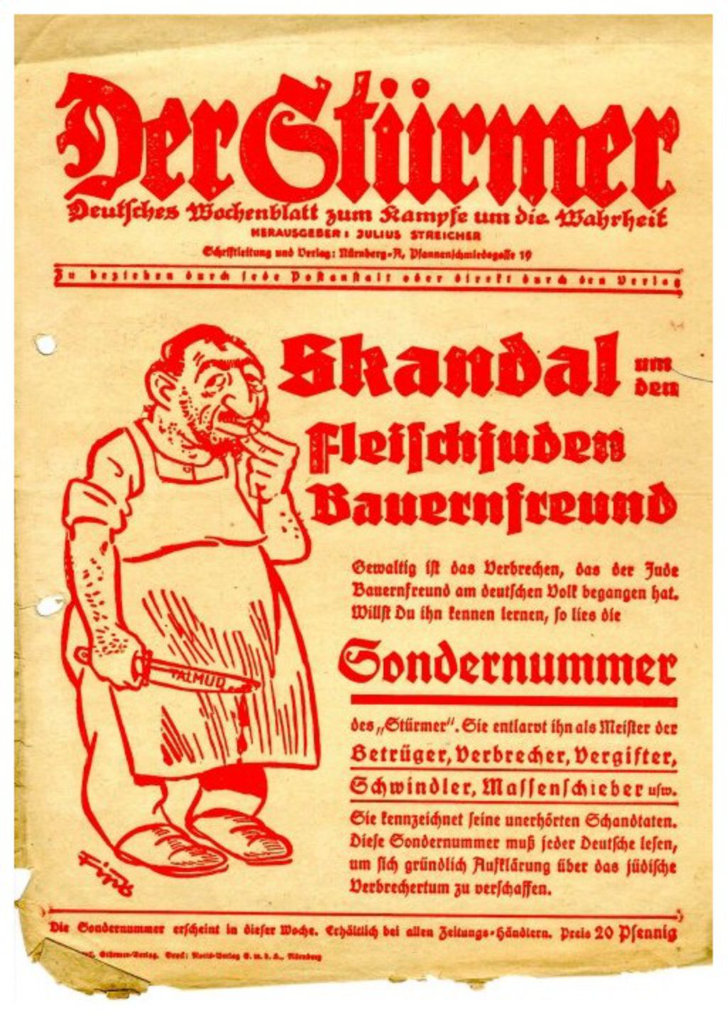 Exponat: Zeitung: Werbeblatt für eine Sondernummer der antisemitischen Zeitung "Der Stürmer", 1936