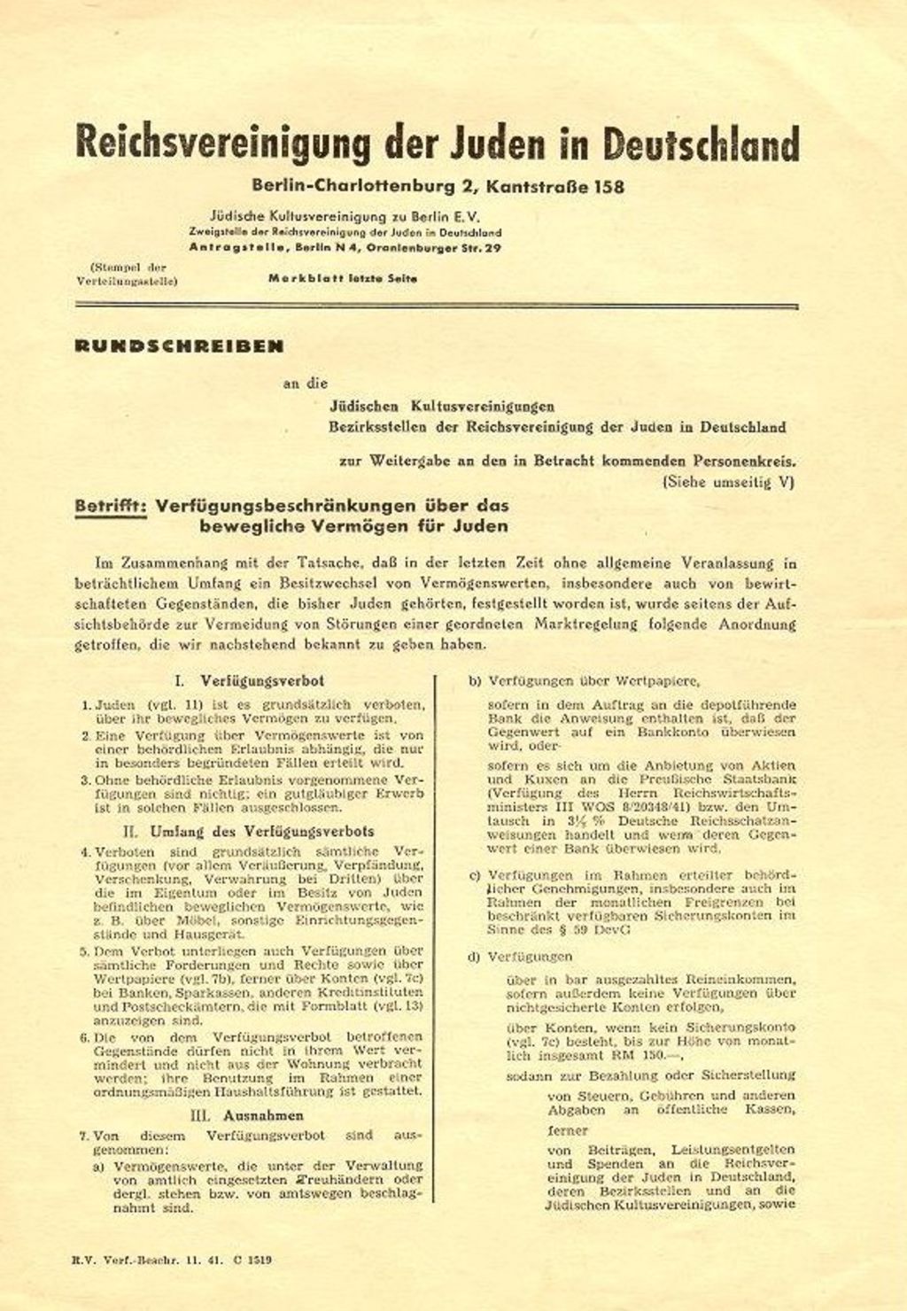 Exponat: Rundschreiben der Reichsvereinigung der Juden in Deutschland, 1941