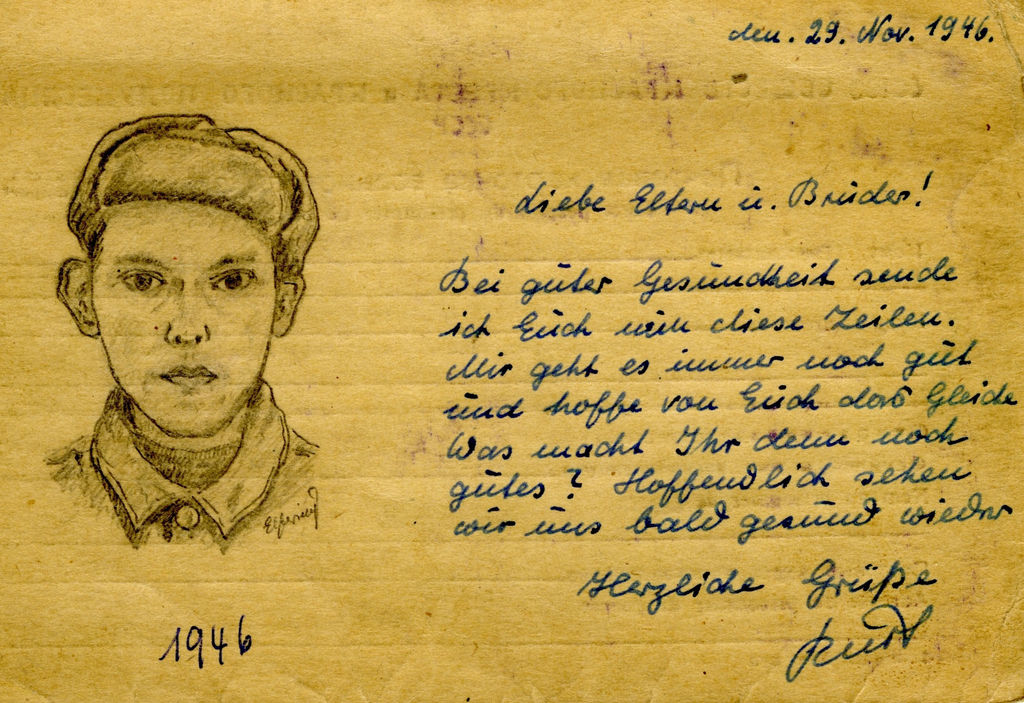 Postkarte aus der Gefangenschaft mit Selbstporträt von Kurt Elfering, 1946