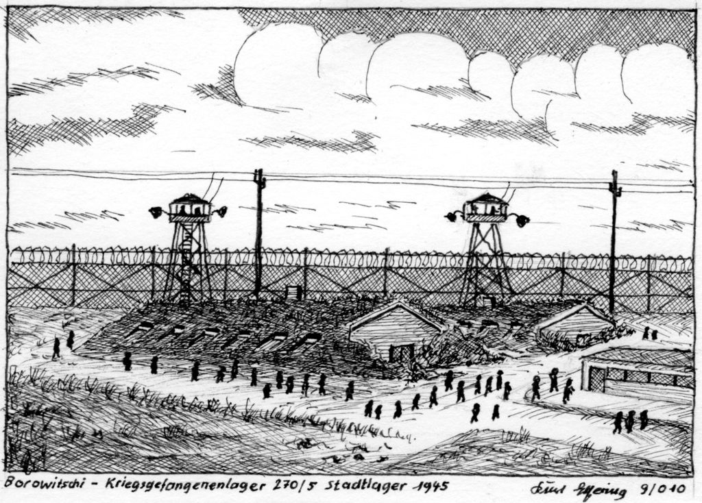 Zeichnung von Kurt Elfering: Kriegsgefangenenlager Borowitschi